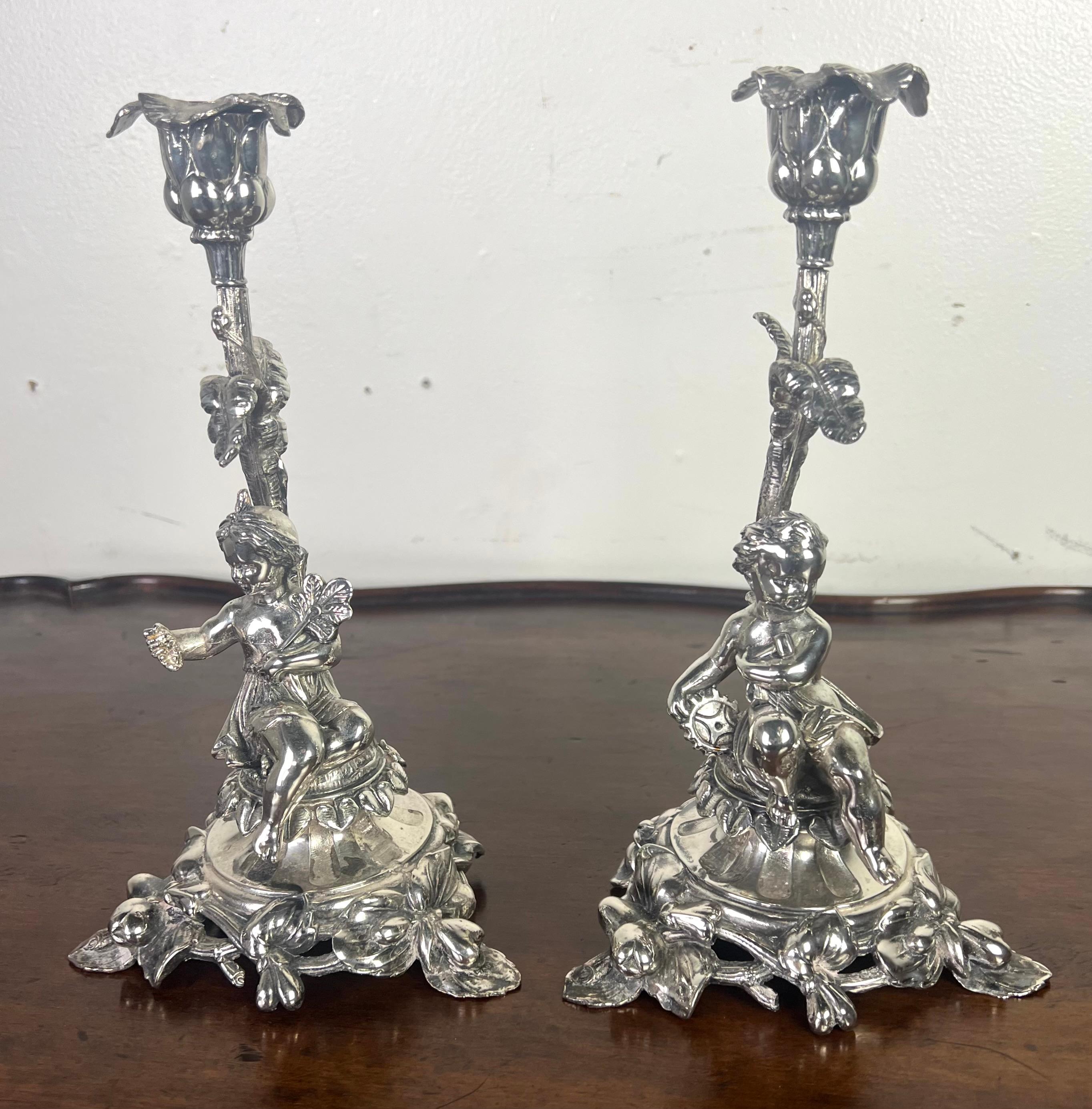 Pair of Rococo Style Silver Cherub Candlesticks-Early 20th Century 7