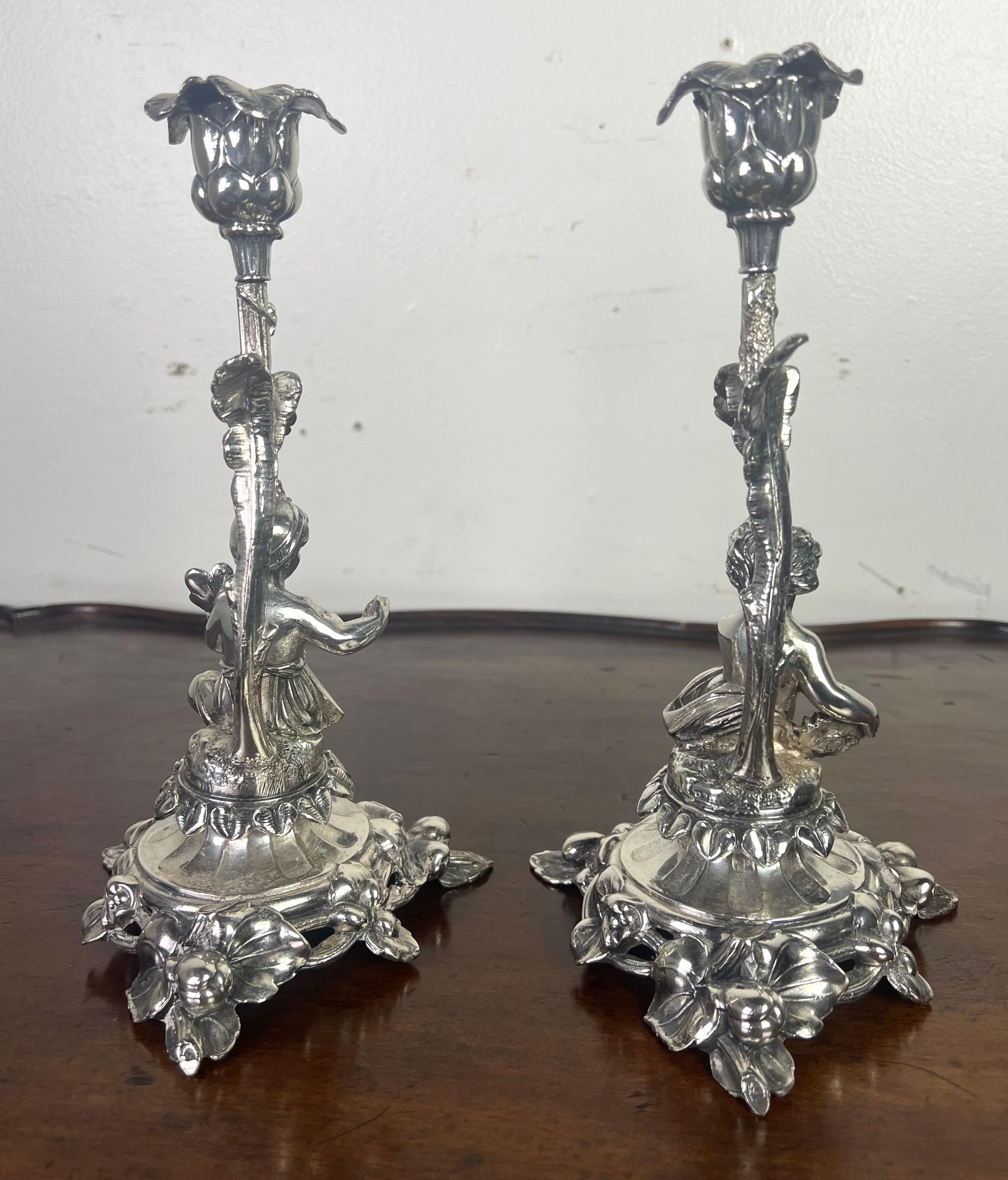 Italian Pair of Rococo Style Silver Cherub Candlesticks-Early 20th Century
