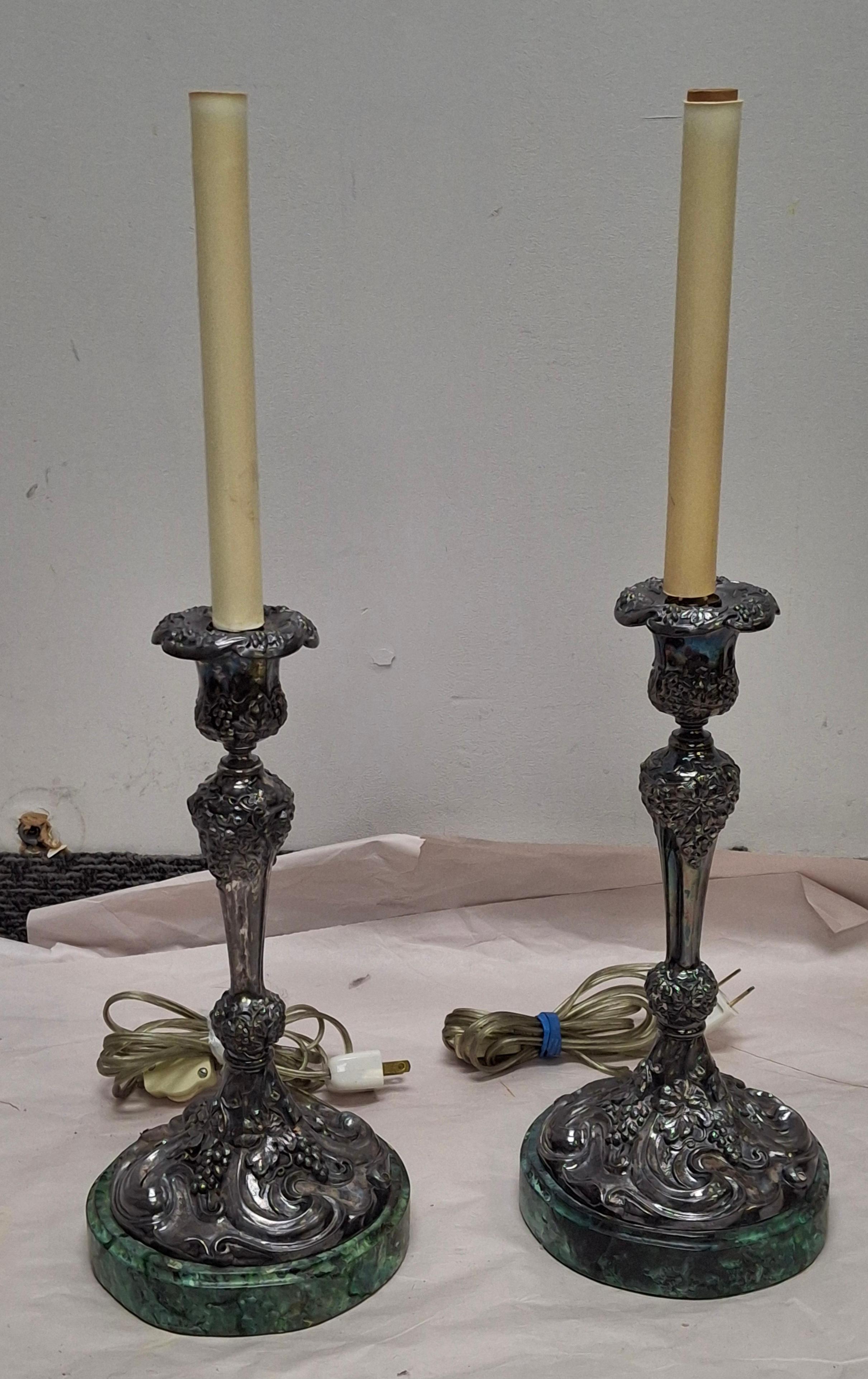 A Pair of 20th Century of Rococo Style Silverplate Candlesticks Mounted as Lamp, with faux marble base.
Measures: 5