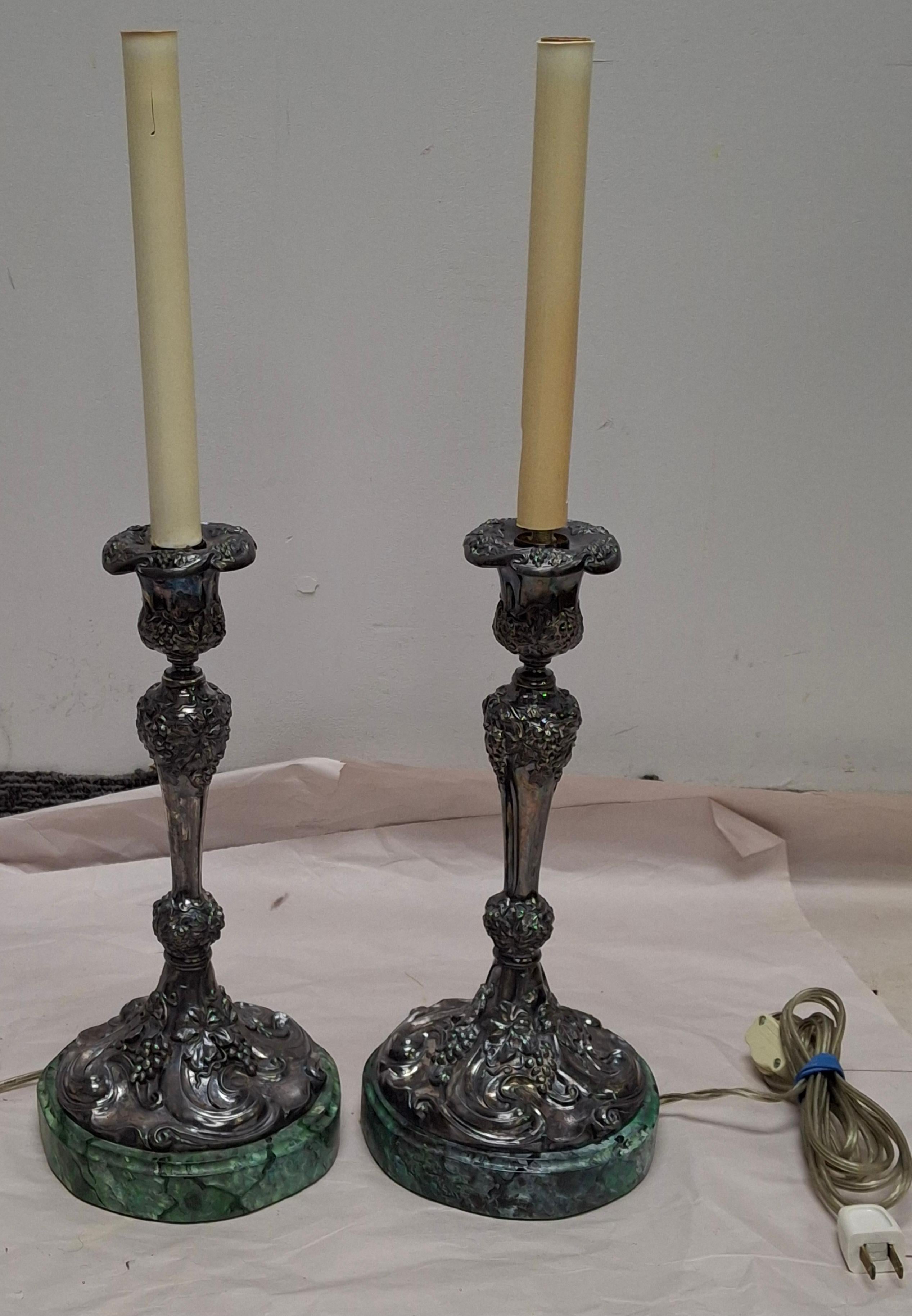 Georgian Pair of Rococo Style Silverplate Candlesticks Mounted as Lamp For Sale