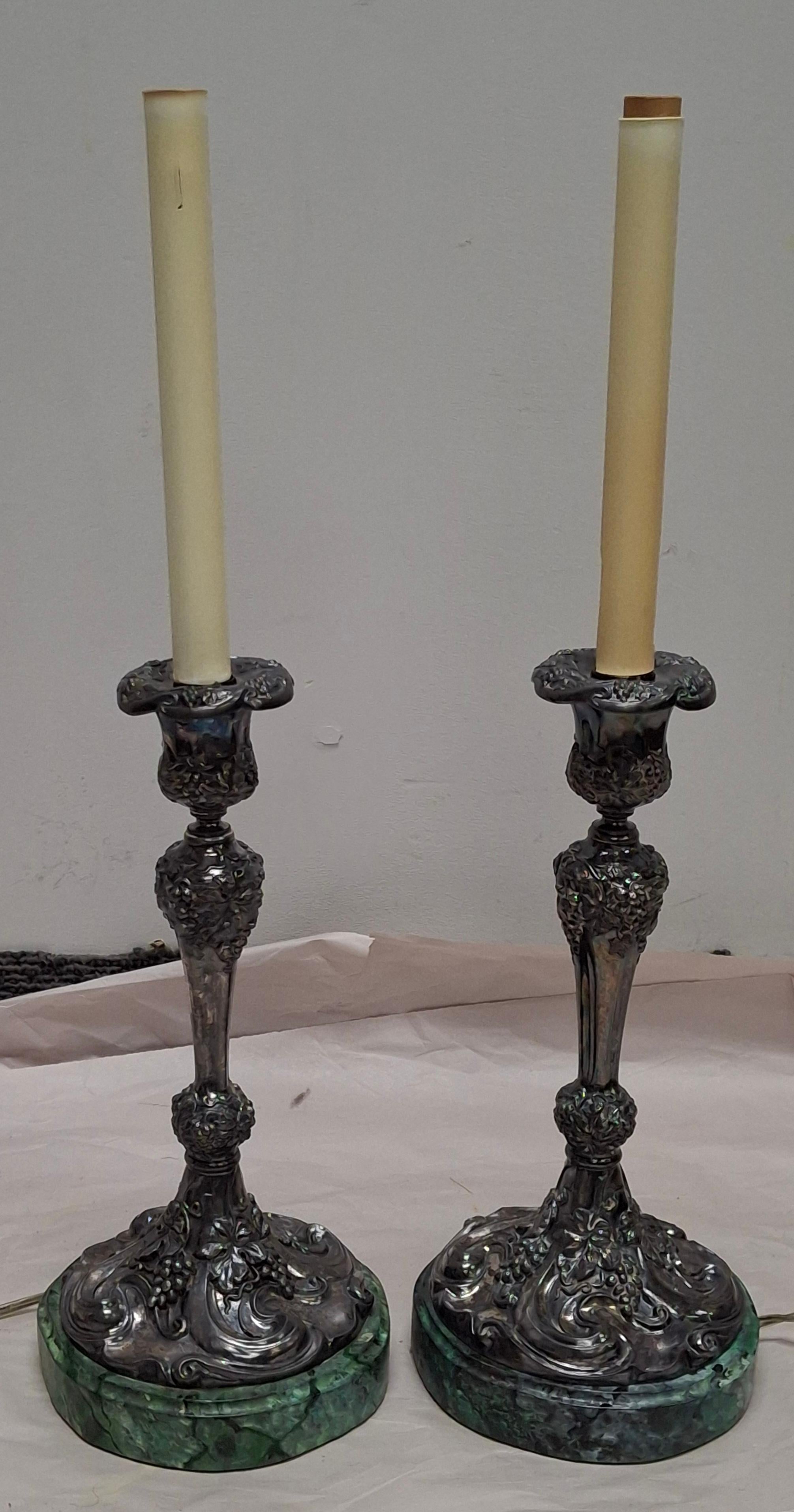 American Pair of Rococo Style Silverplate Candlesticks Mounted as Lamp For Sale
