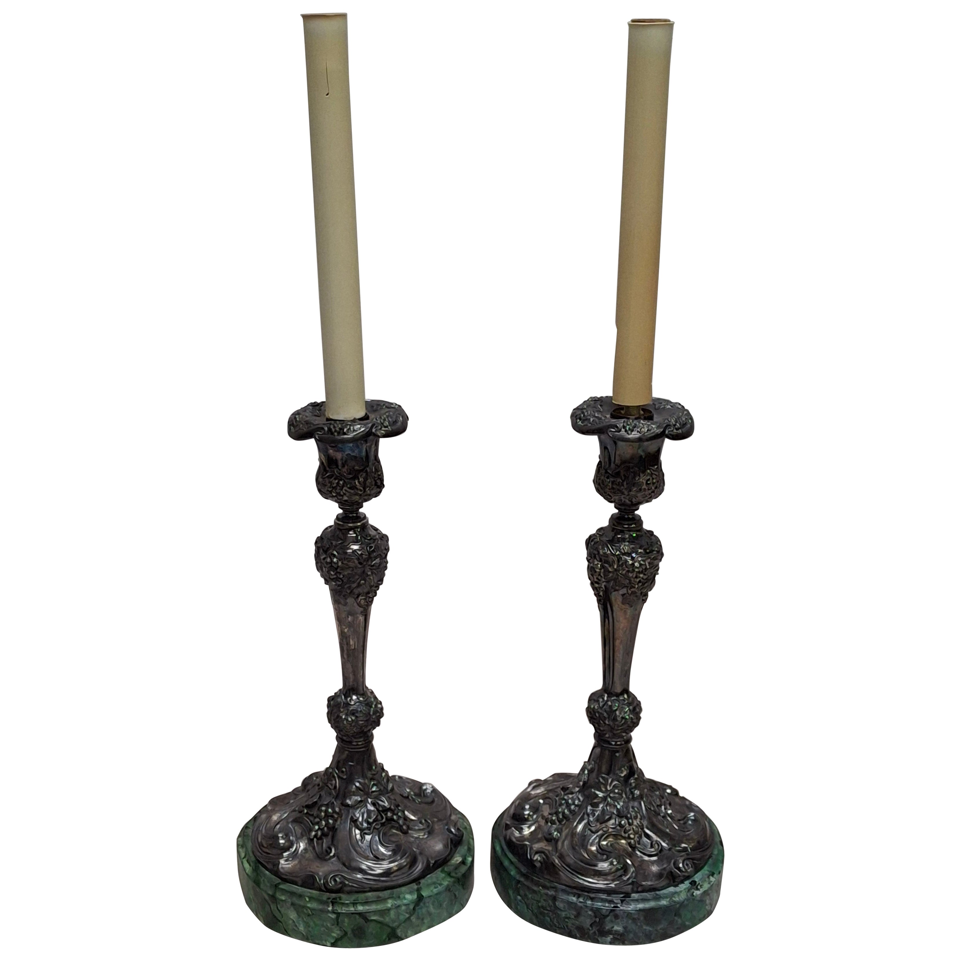 Pair of Rococo Style Silverplate Candlesticks Mounted as Lamp For Sale