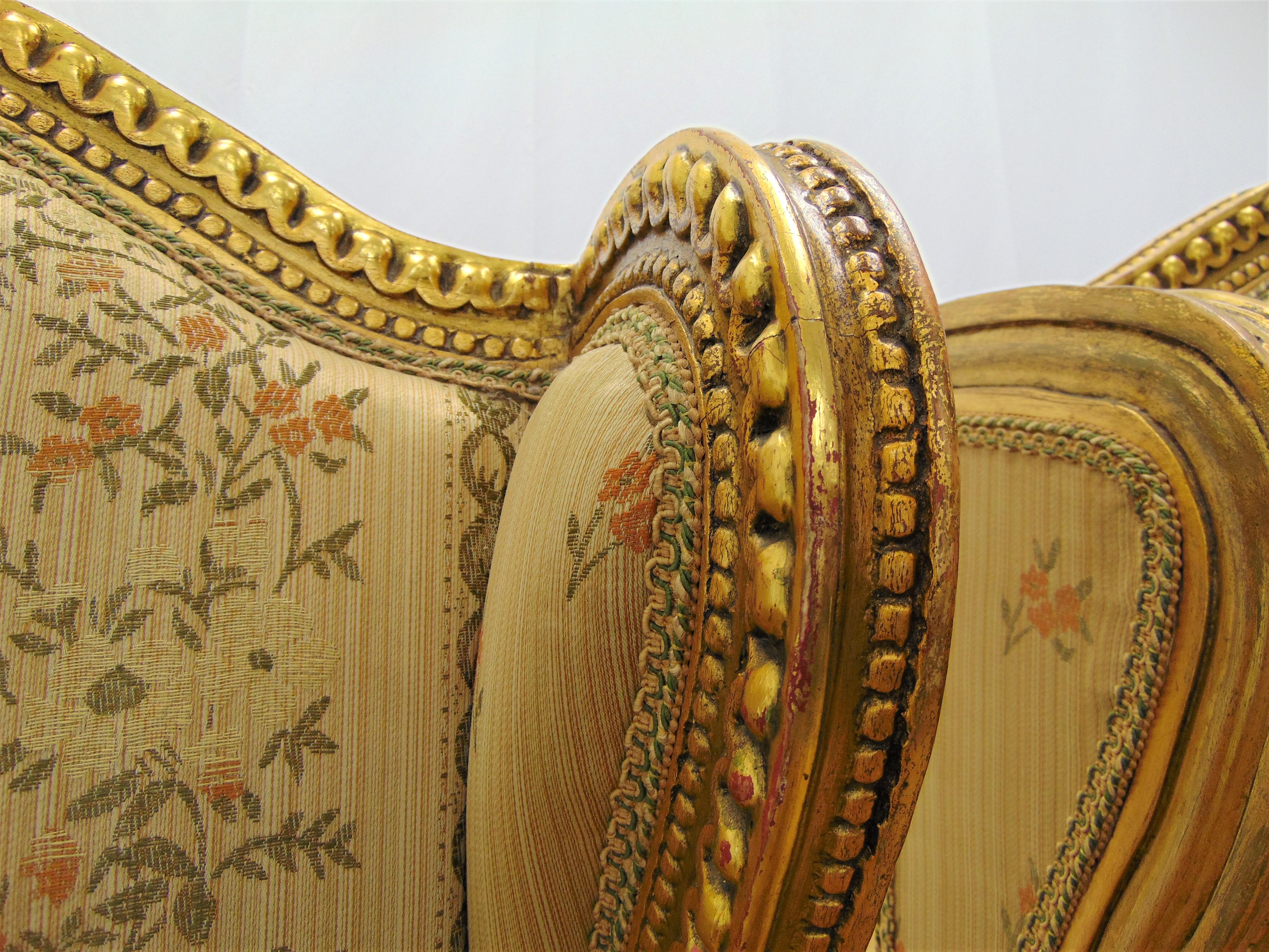 Pair of Rococo Style Vintage Wingback Gold Gilt Hand Carved Chairs For Sale 4