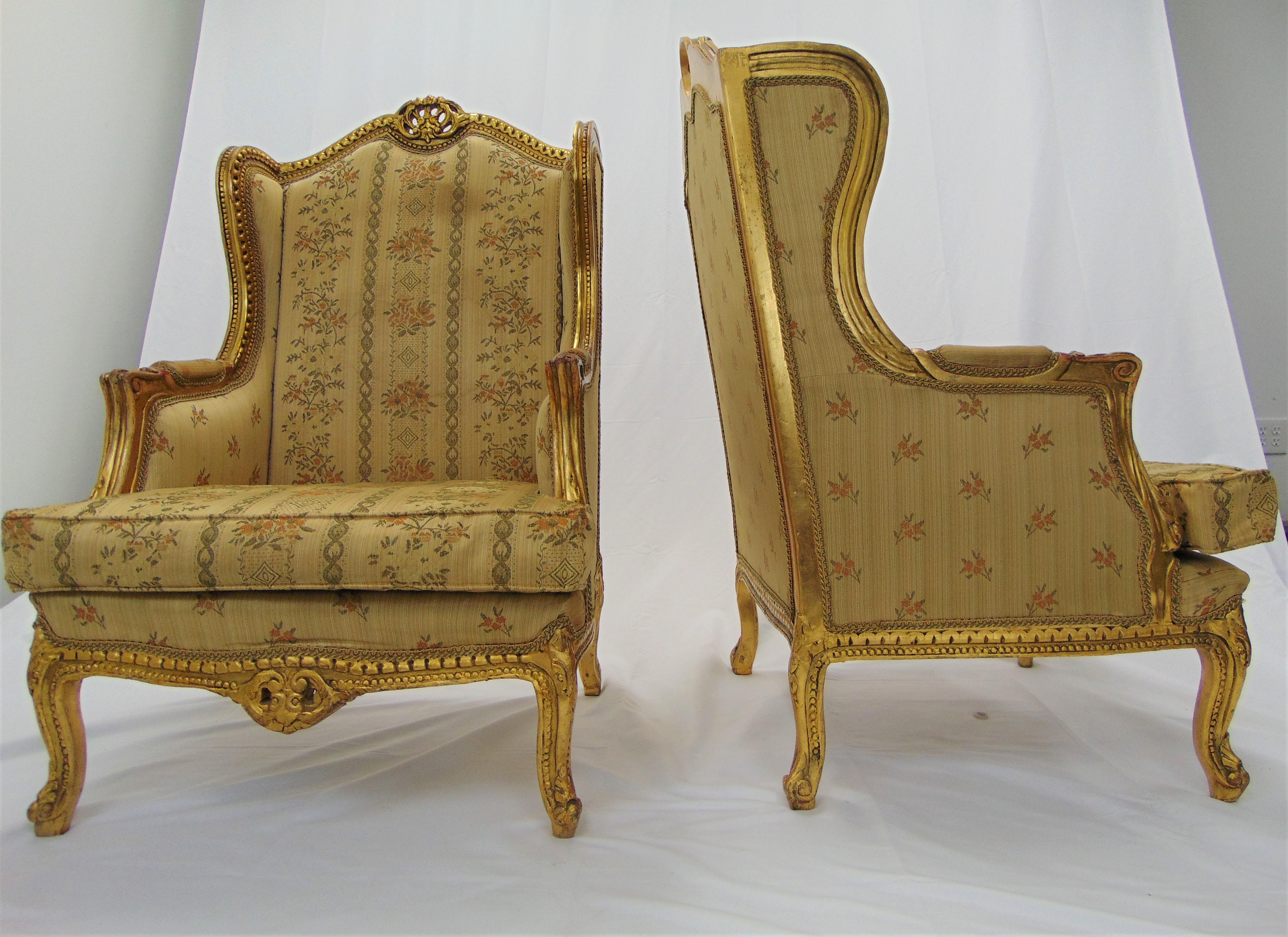 Pair of Rococo Style Vintage Wingback Gold Gilt Hand Carved Chairs For Sale 5