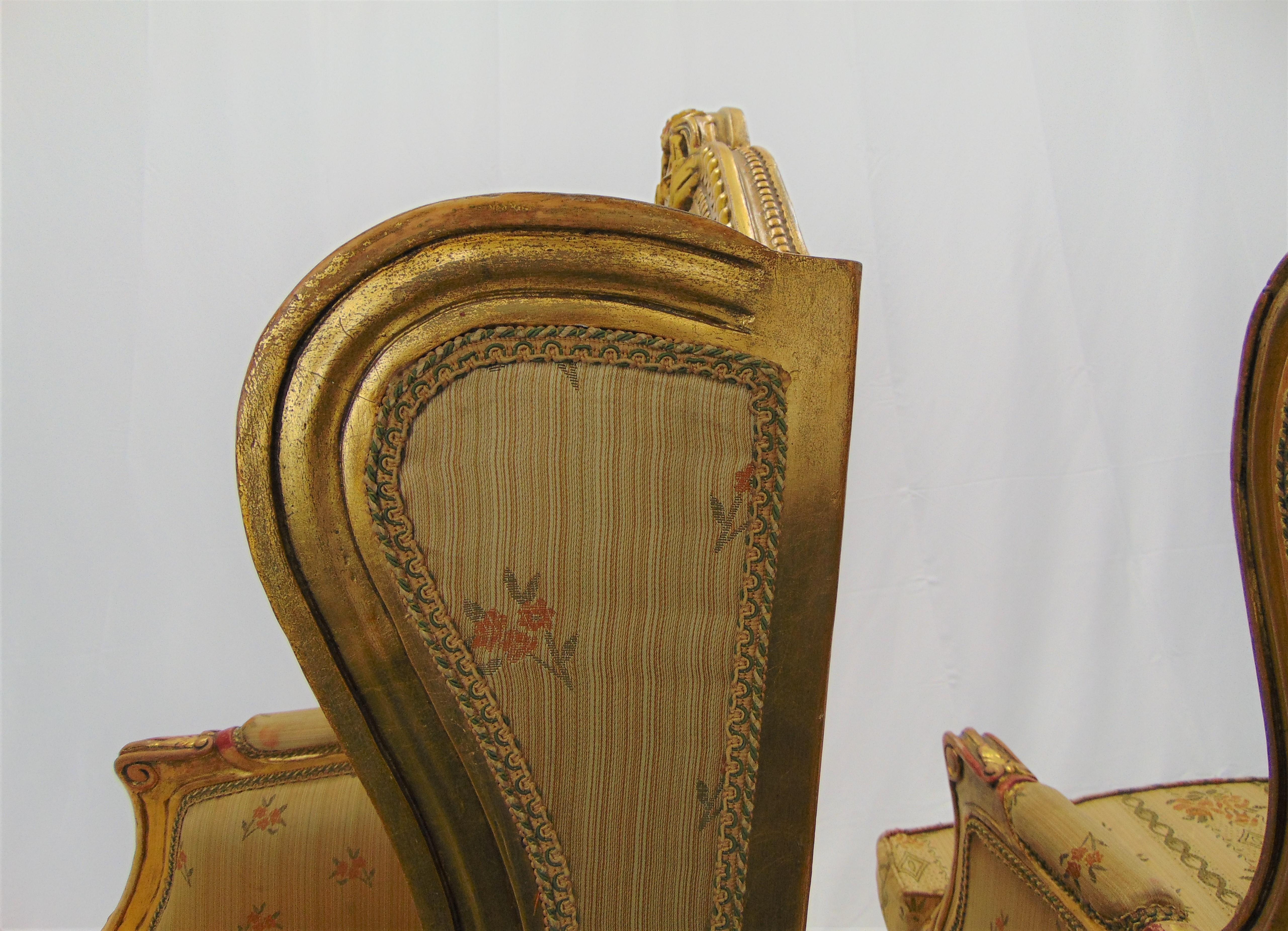 Pair of Rococo Style Vintage Wingback Gold Gilt Hand Carved Chairs For Sale 6