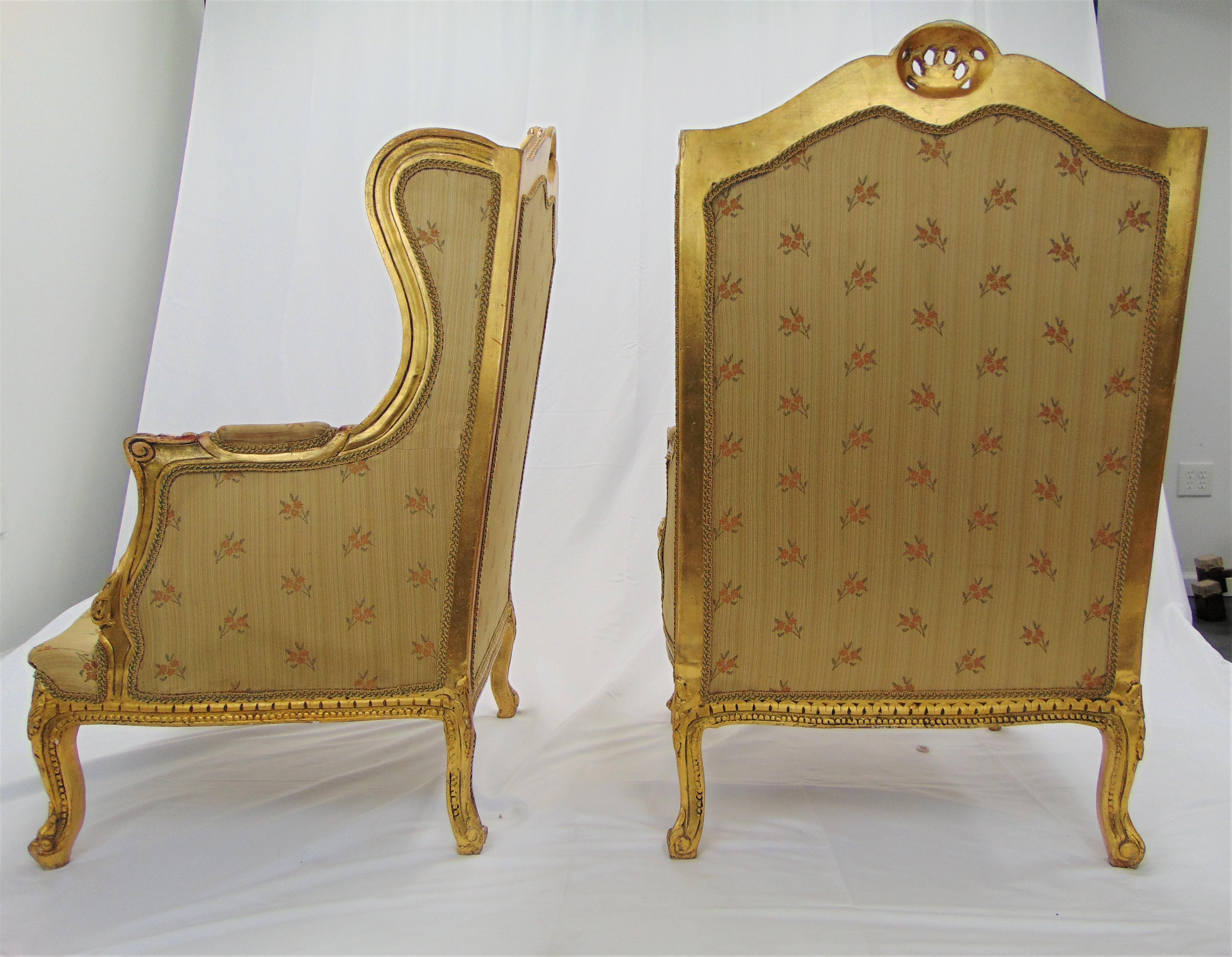 Pair of Rococo Style Vintage Wingback Gold Gilt Hand Carved Chairs For Sale 7