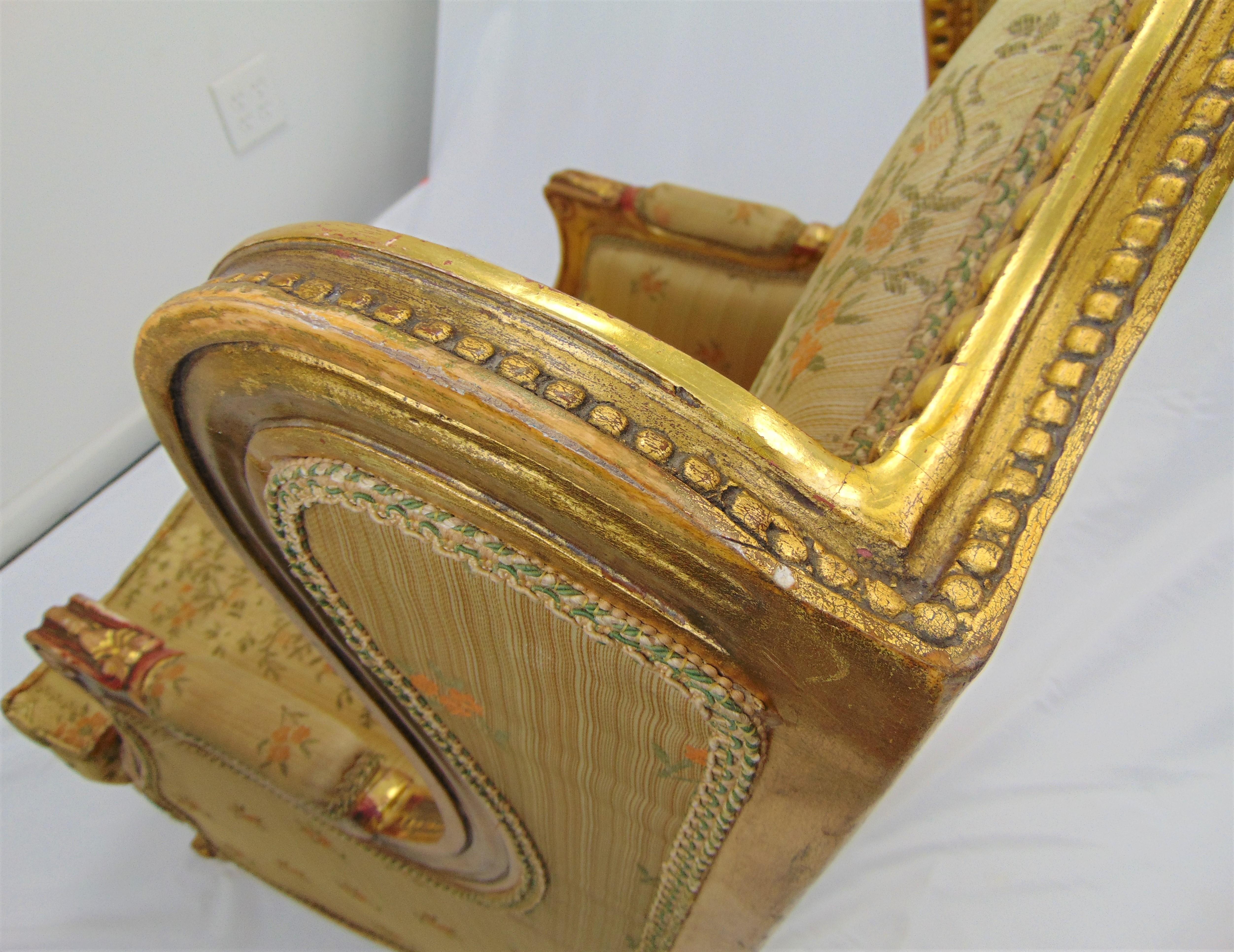 Pair of Rococo Style Vintage Wingback Gold Gilt Hand Carved Chairs For Sale 9