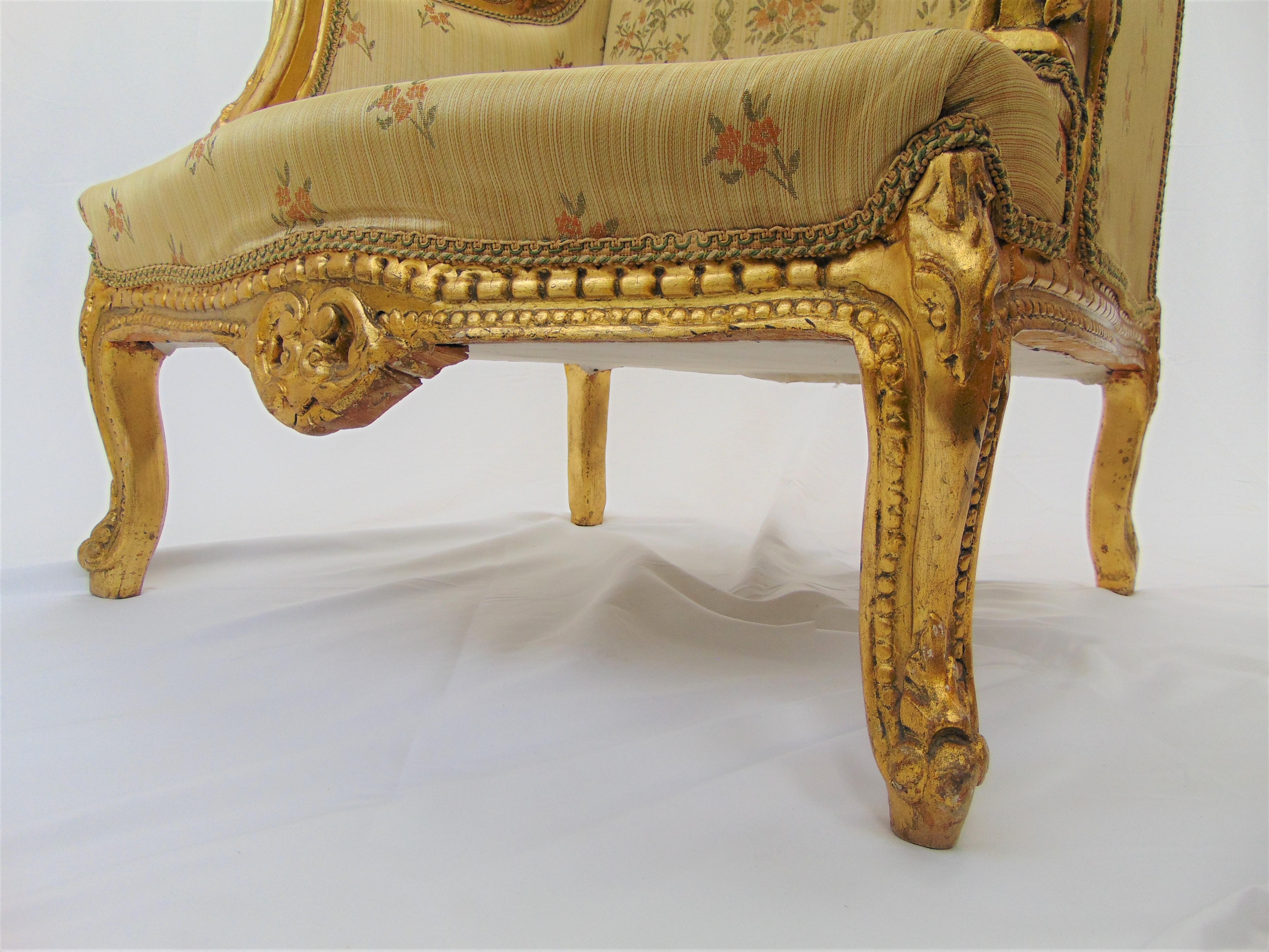 Pair of Rococo Style Vintage Wingback Gold Gilt Hand Carved Chairs For Sale 11