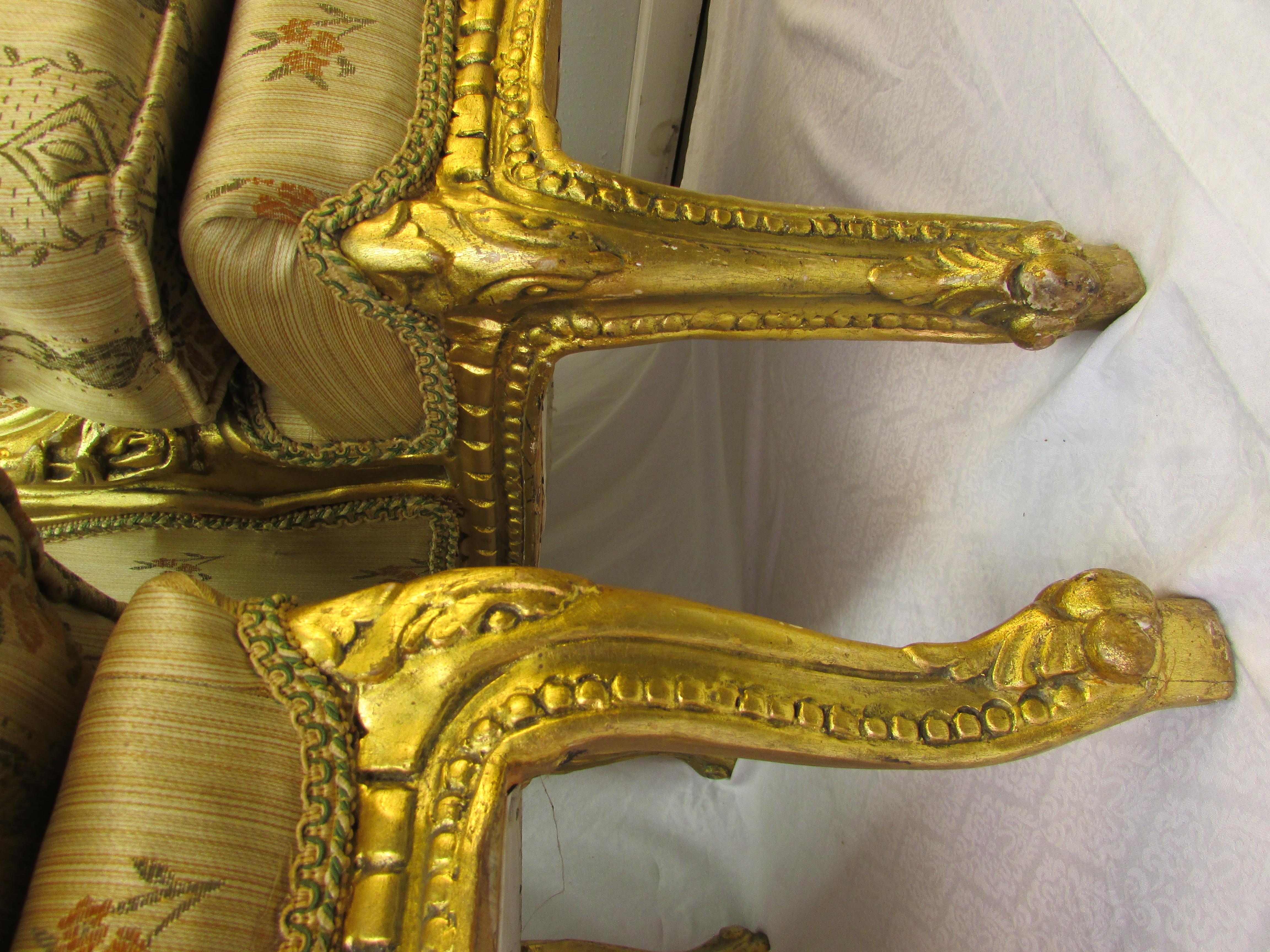 Pair of Rococo Style Vintage Wingback Gold Gilt Hand Carved Chairs For Sale 13