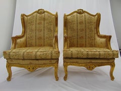 Pair of Rococo Style Vintage Wingback Gold Gilt Hand Carved Chairs