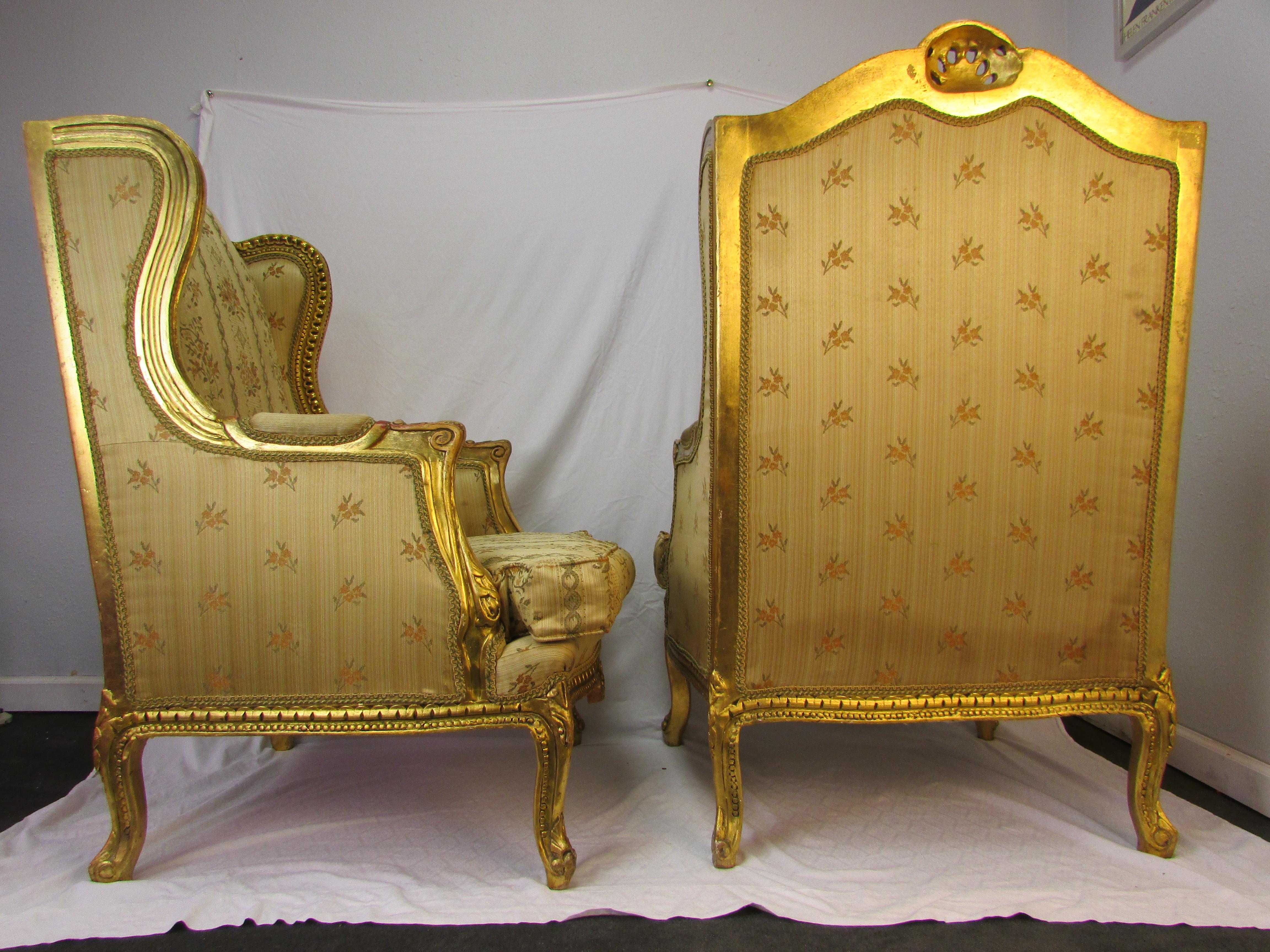 Pair of Rococo Style Vintage Wingback Gold Gilt Hand Carved Chairs For Sale 14
