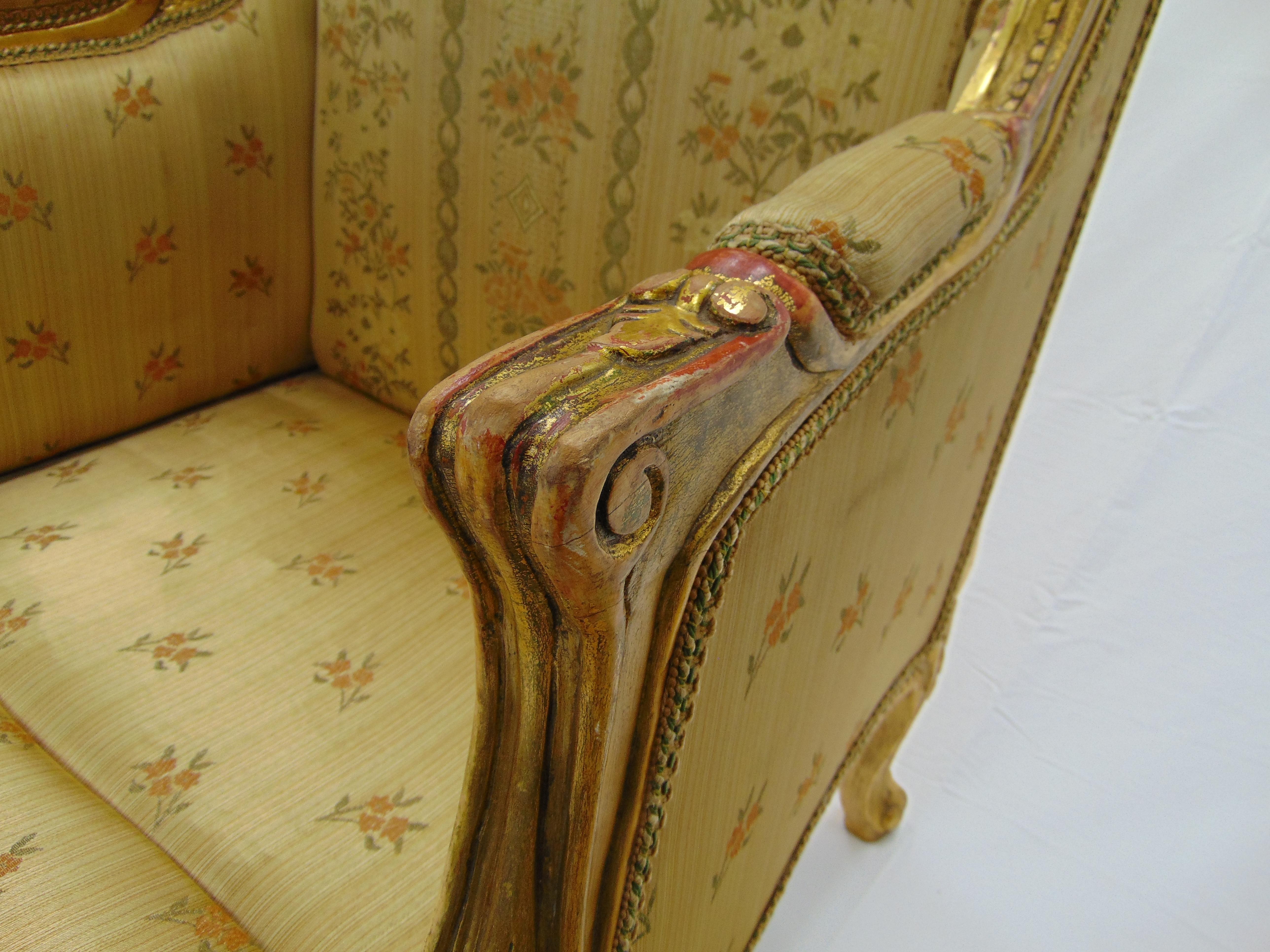 Hand-Carved Pair of Rococo Style Vintage Wingback Gold Gilt Hand Carved Chairs For Sale