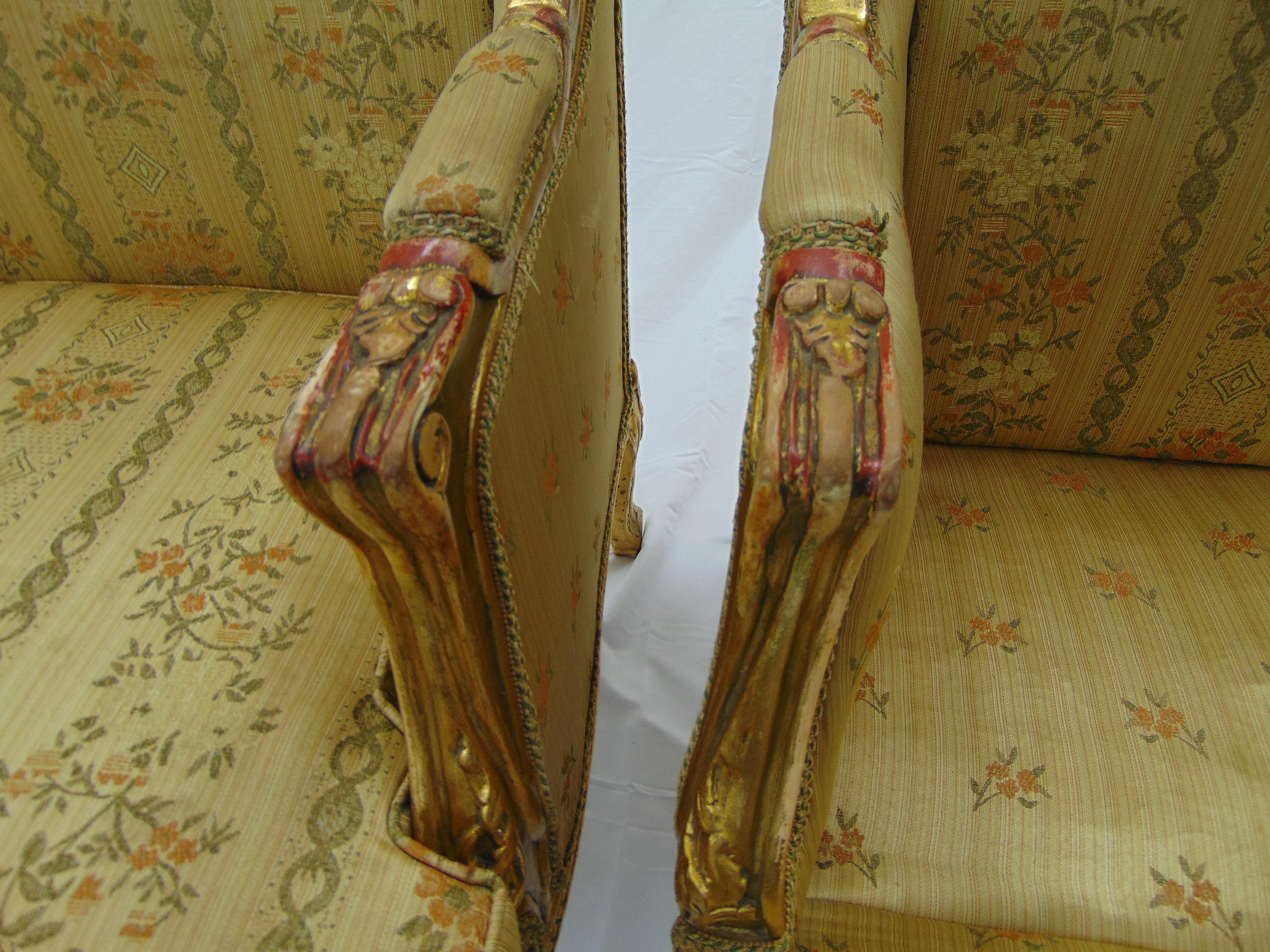 Pair of Rococo Style Vintage Wingback Gold Gilt Hand Carved Chairs In Good Condition For Sale In Tulsa, OK