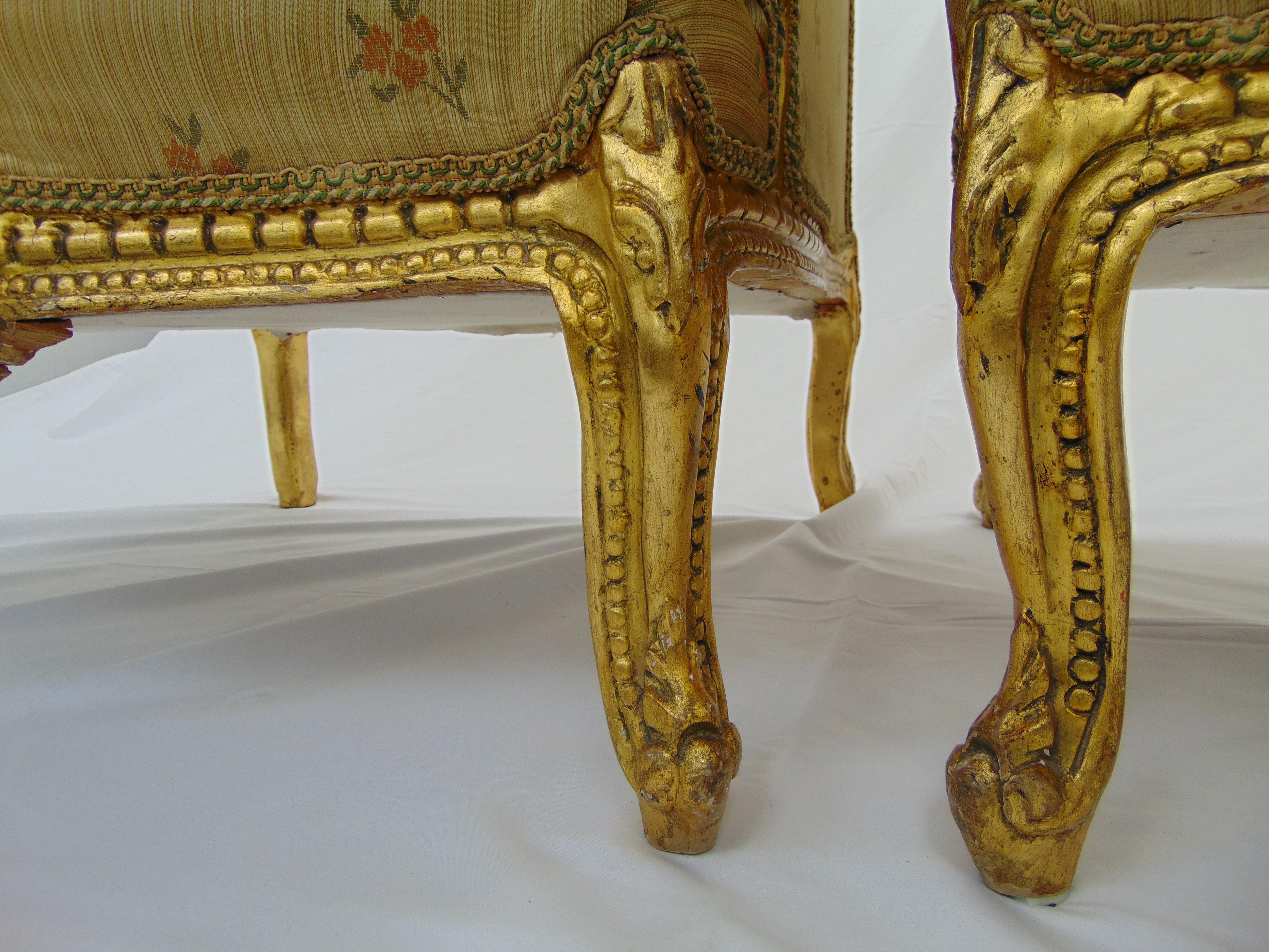 Mid-20th Century Pair of Rococo Style Vintage Wingback Gold Gilt Hand Carved Chairs For Sale