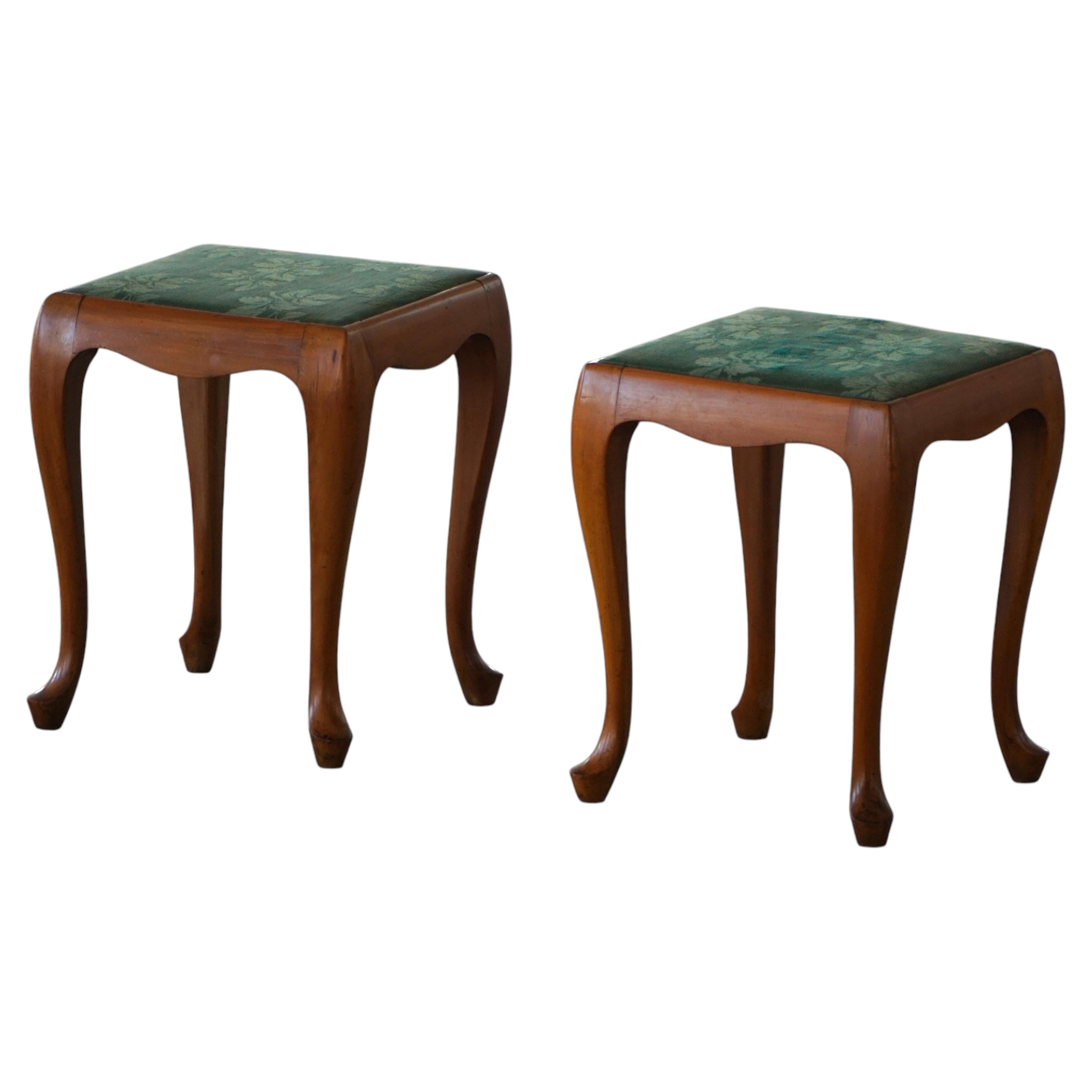 Pair of Rococo Style Wooden Stools with Cabriole Legs, Denmark, Mid-20th Century