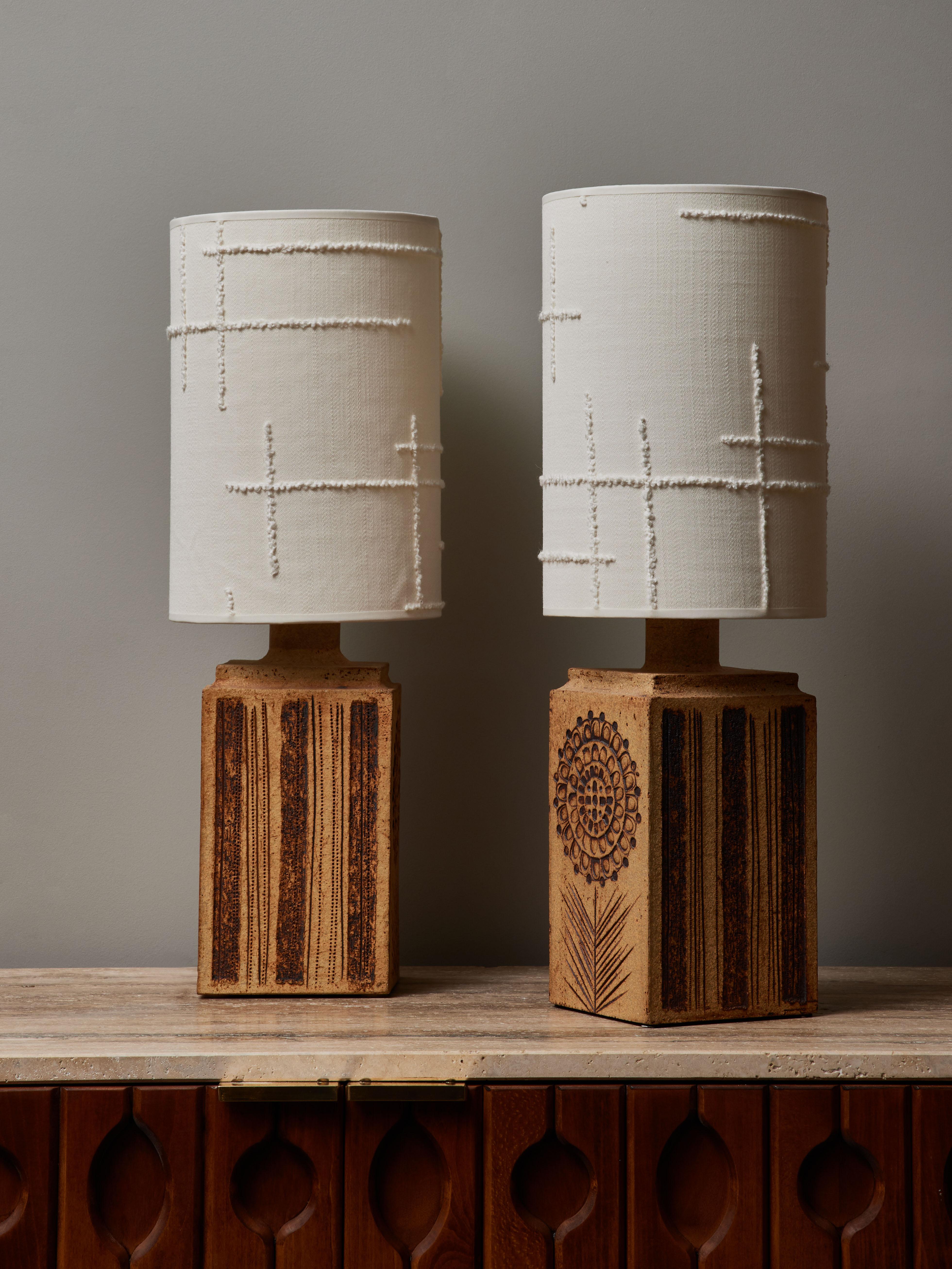 French Pair of Roger Capron Ceramic Table Lamp with Dedar Fabric Lampshades