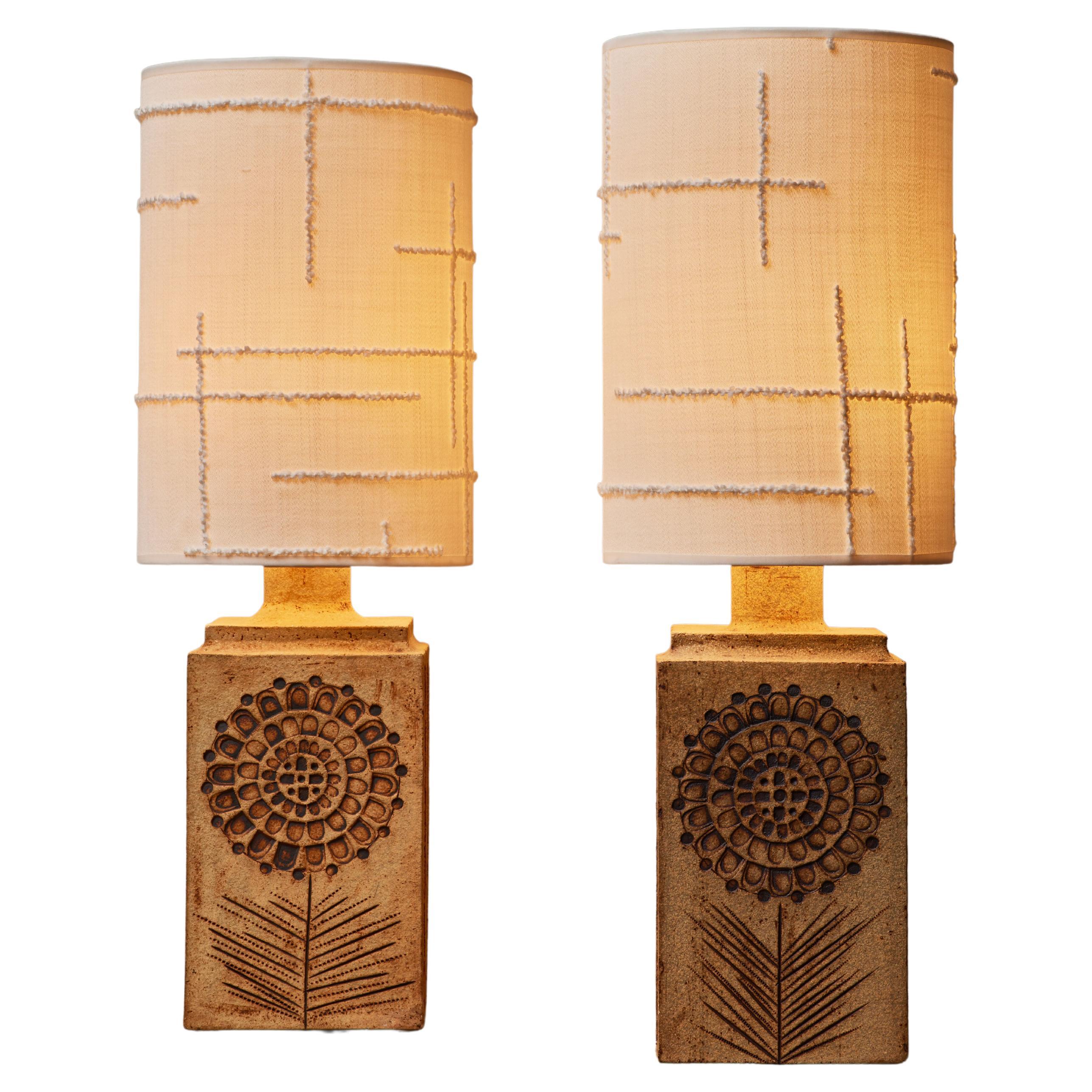 Pair of Roger Capron Ceramic Table Lamp with Dedar Fabric Lampshades