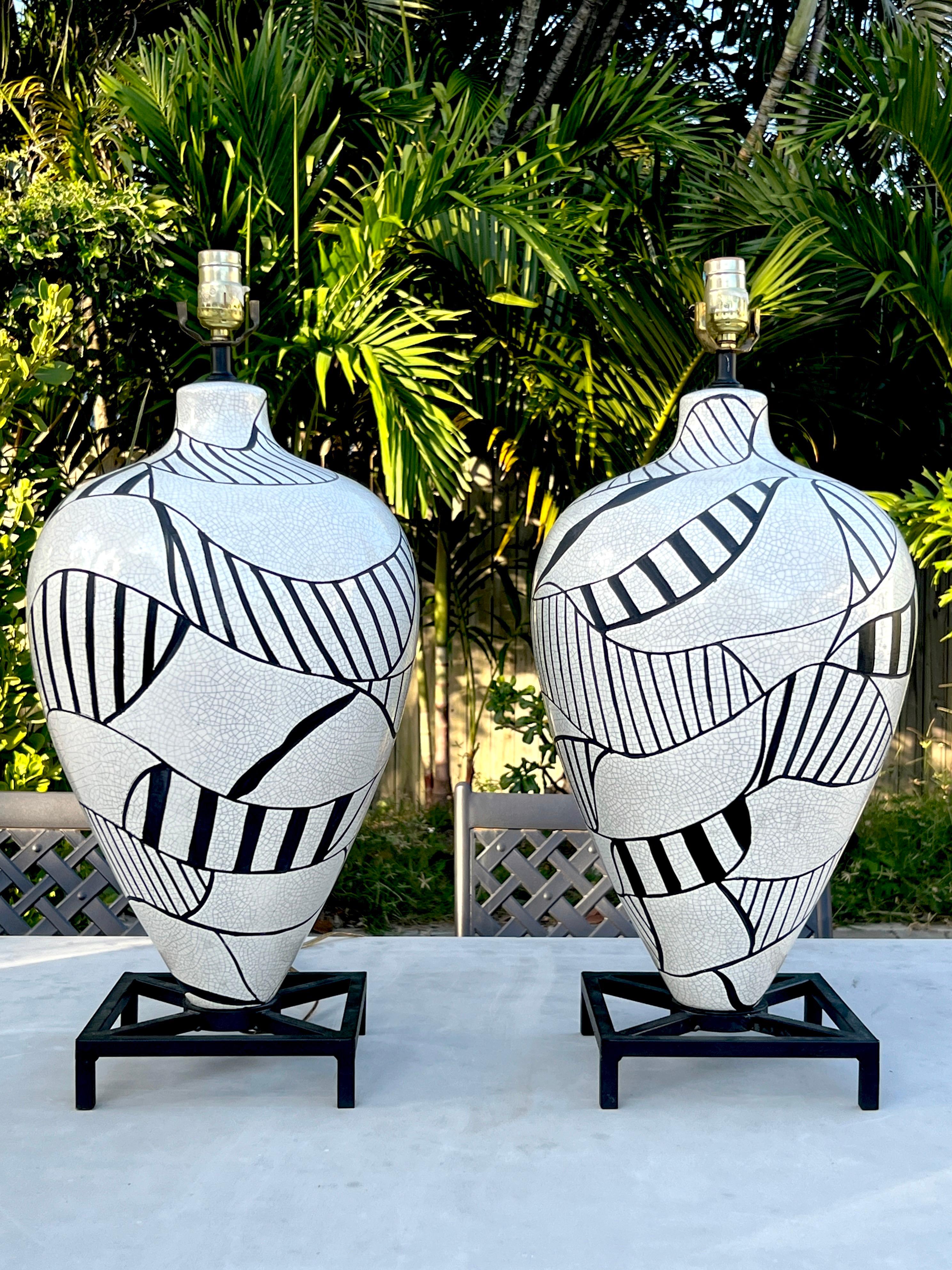 Mid-Century Modern Pair of Black & White Geometric Pottery Lamps in the Style Roger Capron, 1980's For Sale