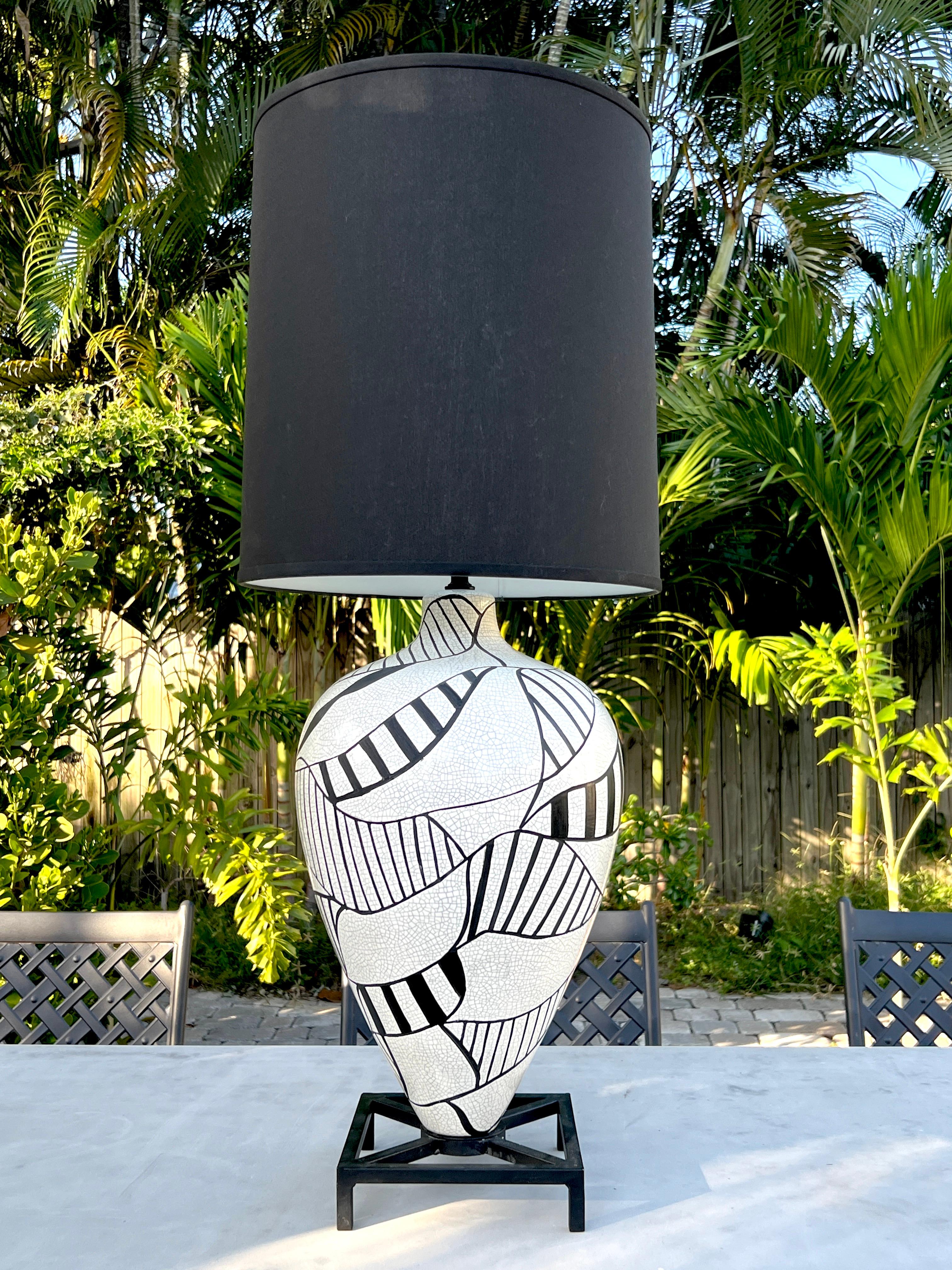European Pair of Black & White Geometric Pottery Lamps in the Style Roger Capron, 1980's For Sale