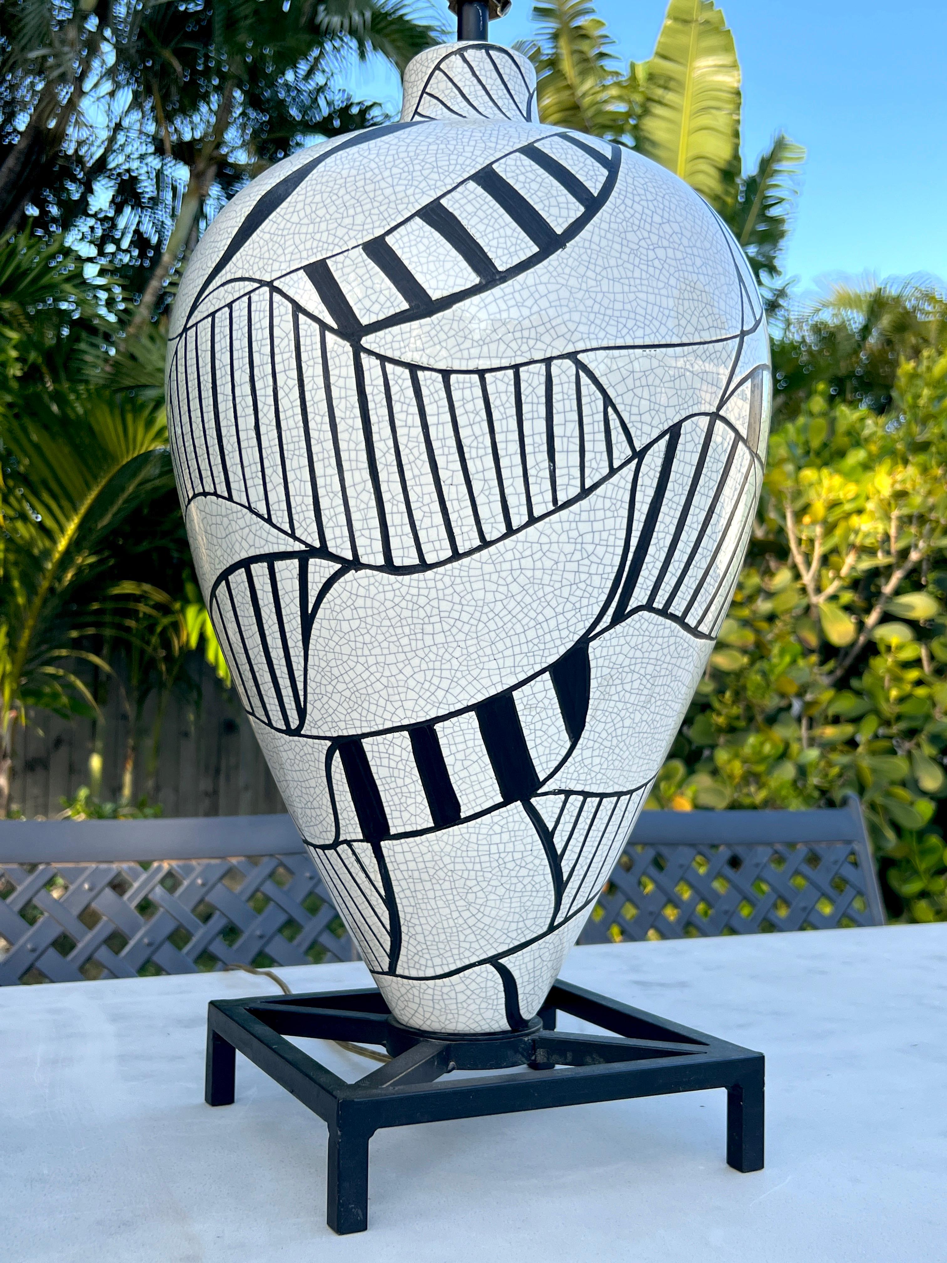 Enameled Pair of Black & White Geometric Pottery Lamps in the Style Roger Capron, 1980's For Sale