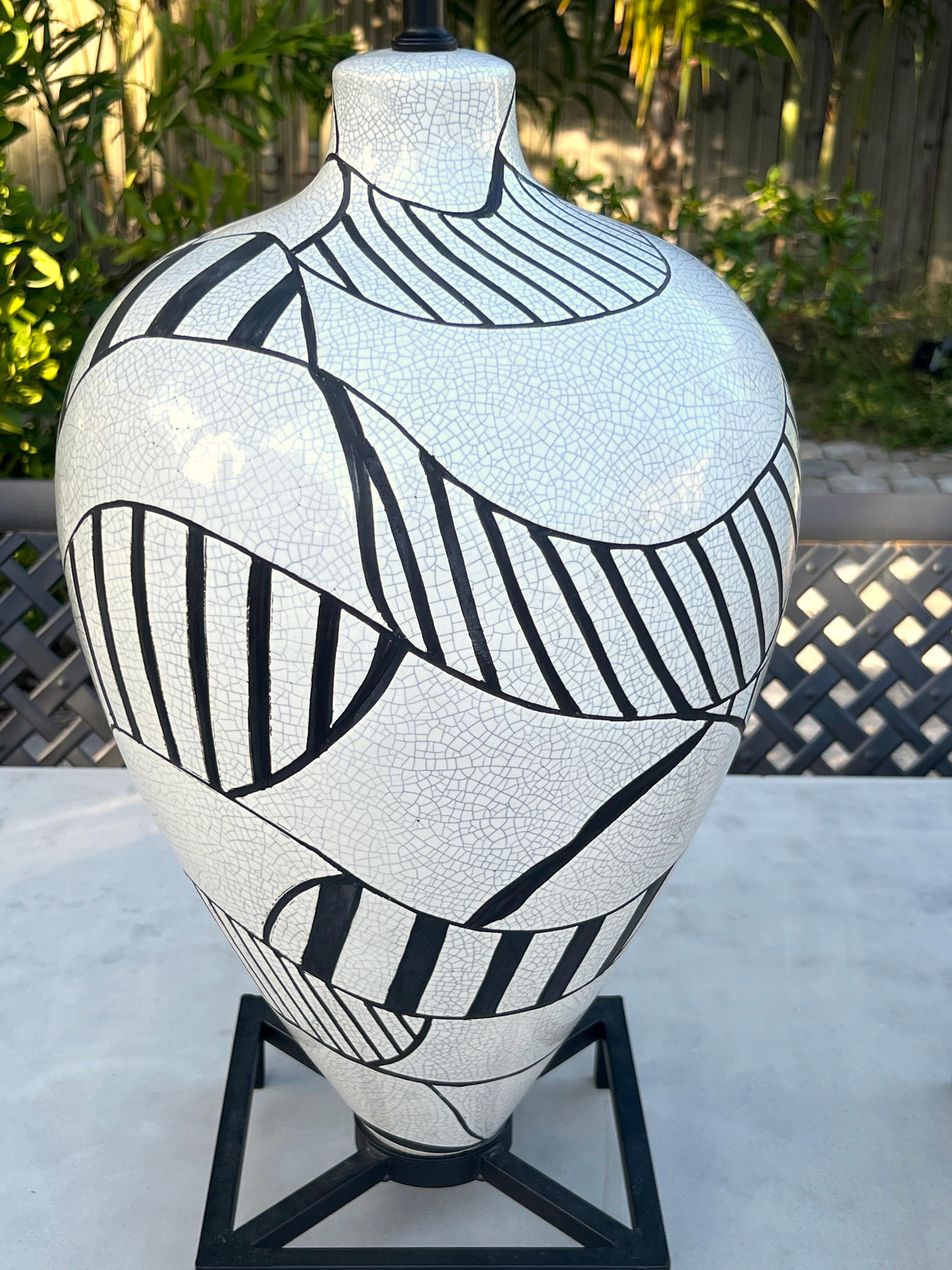Pair of Black & White Geometric Pottery Lamps in the Style Roger Capron, 1980's In Good Condition For Sale In Fort Lauderdale, FL