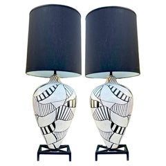 Retro Pair of Black & White Geometric Pottery Lamps in the Style Roger Capron, 1980's