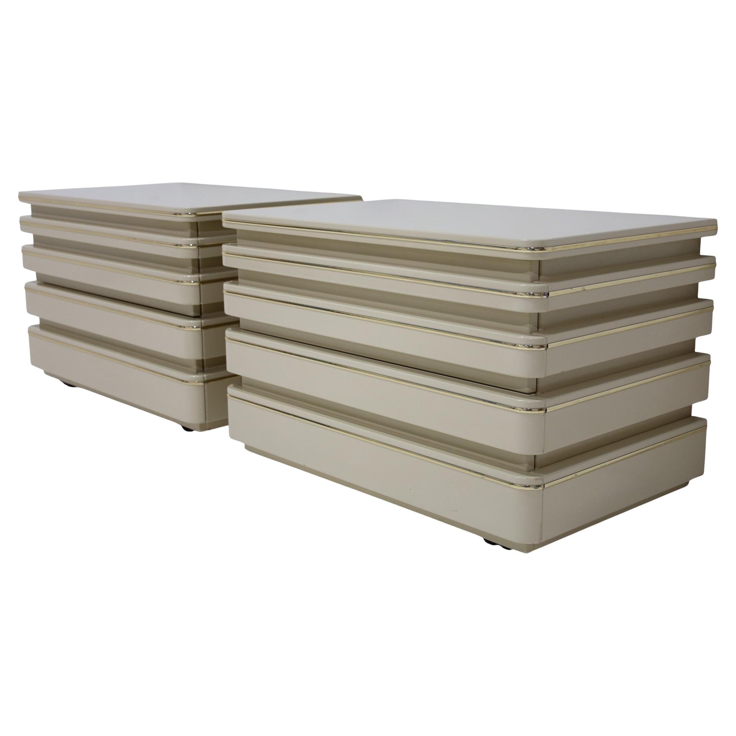 Pair of Roger Rougier Nightstands in Lacquer with Gold Trim For Sale