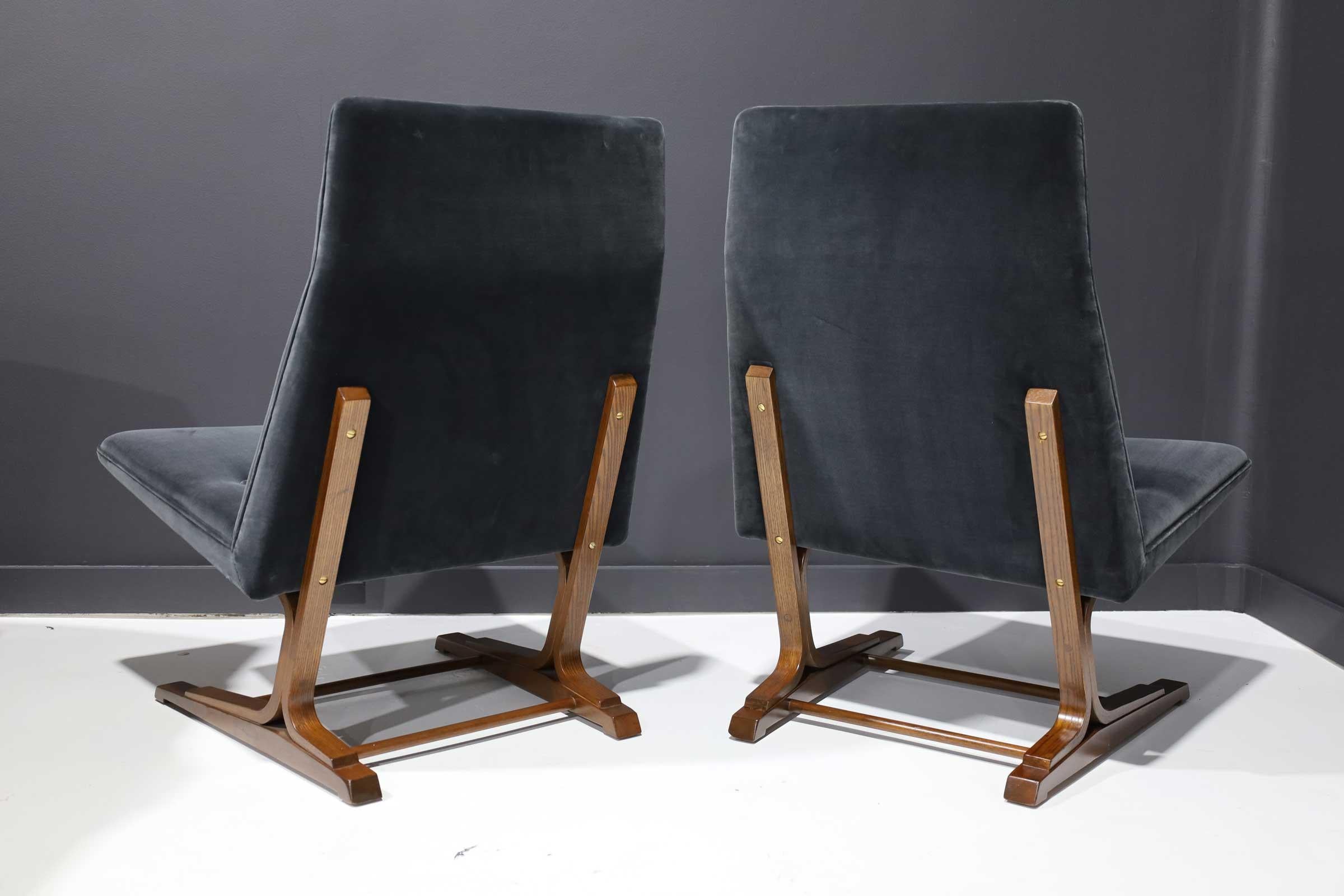 North American Pair of Roger Sprunger for Dunbar Cantilevered Chairs in Blue Velvet