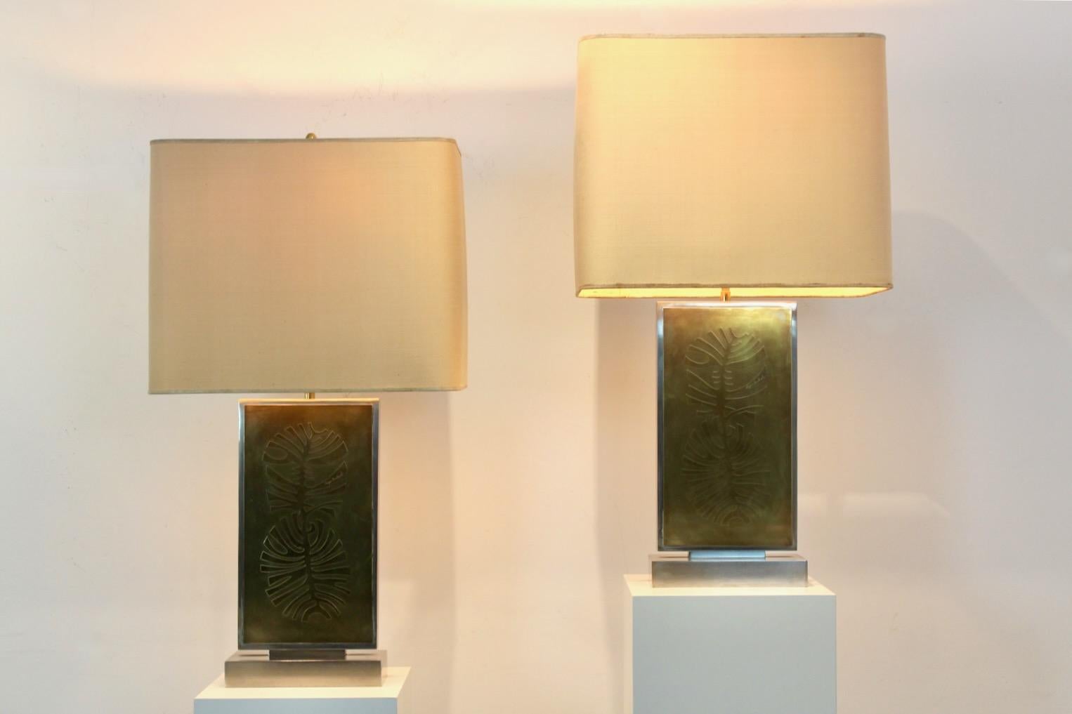 Pair of Roger Vanhevel Brass Philodendron-Etched Impressive Table Lamps, signed For Sale 5