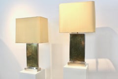 Pair of Roger Vanhevel Brass Philodendron-Etched Impressive Table Lamps, signed