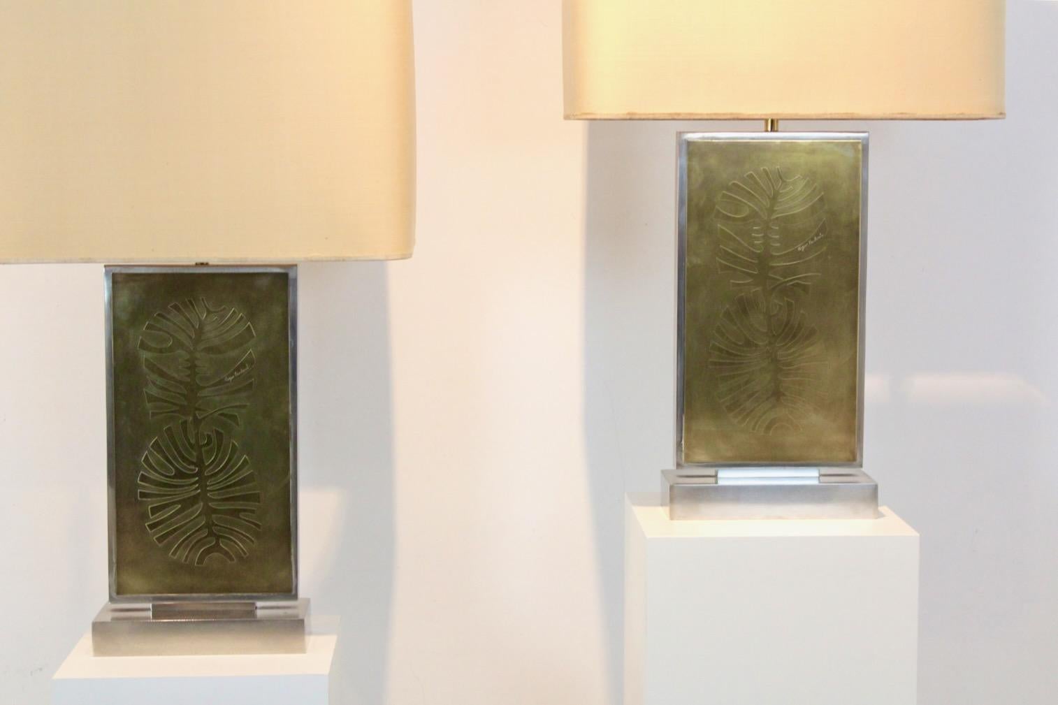 Pair of Roger Vanhevel Brass Philodendron-Etched Impressive Table Lamps, signed For Sale 1