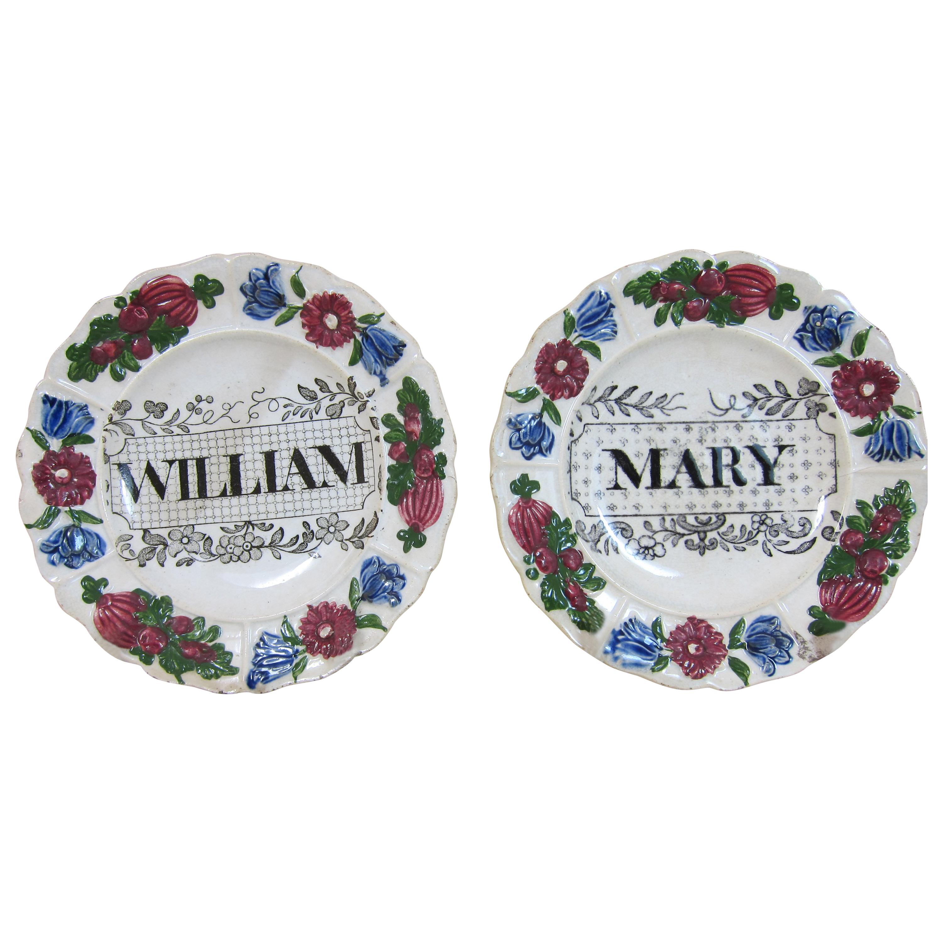 Pair of Rogers Pottery Named Christening Plates for William 
Mary