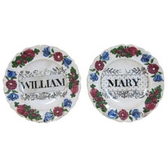 Antique Pair of Rogers Pottery Named Christening Plates for William & Mary 