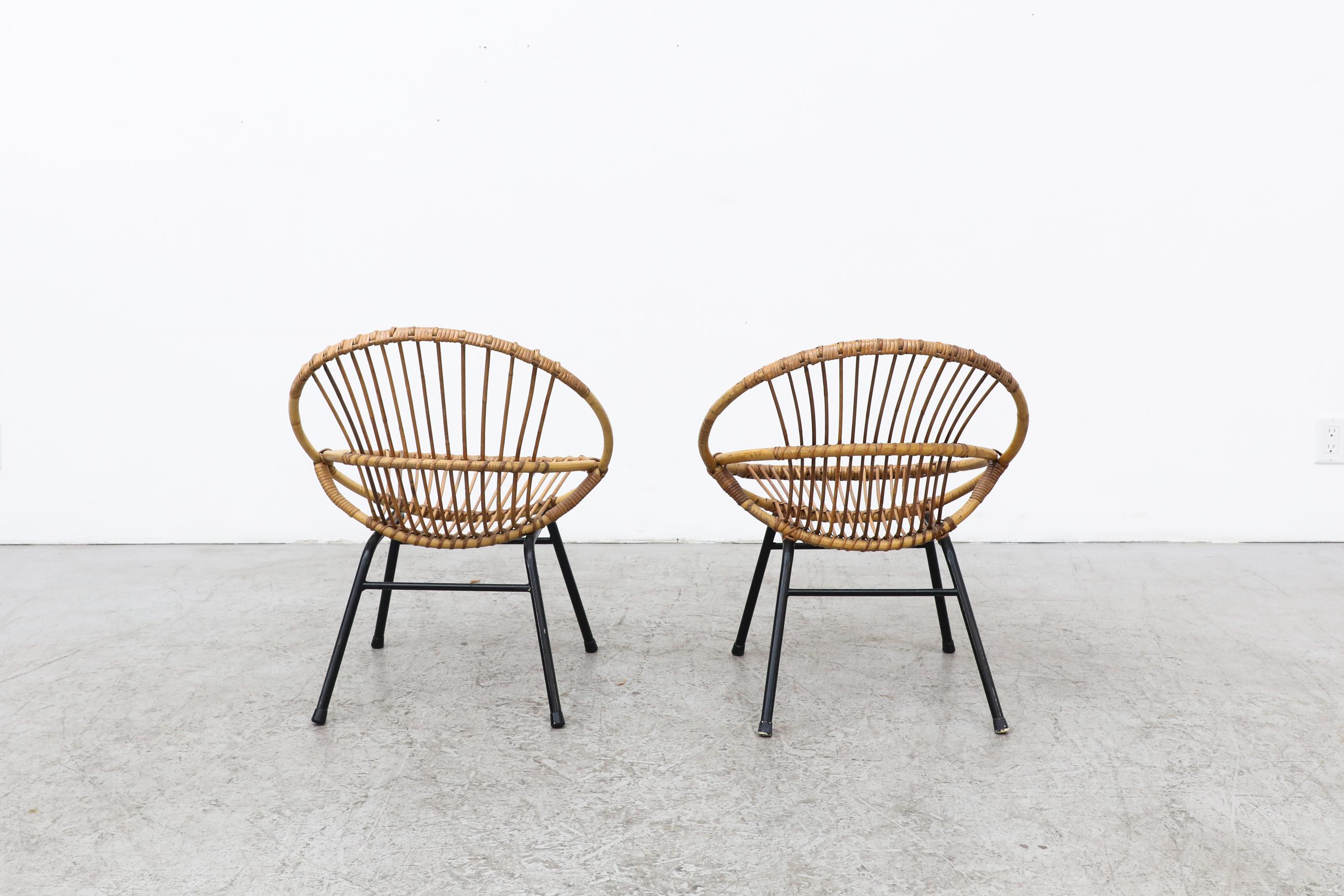 Late 20th Century Pair of Rohe Noordwolde Bamboo Hoop Chairs with Black Tubular Legs For Sale