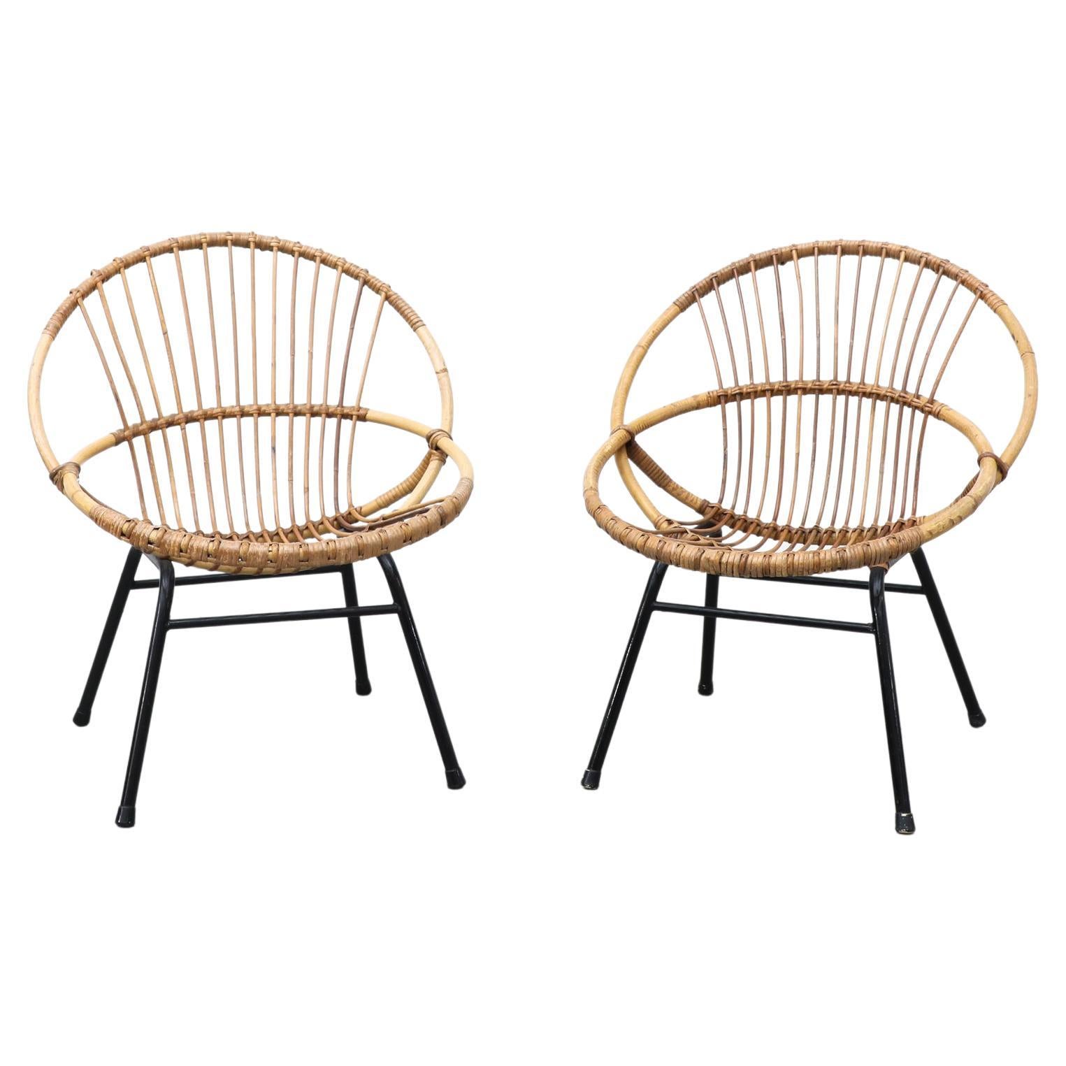 Pair of Rohe Noordwolde Bamboo Hoop Chairs with Black Tubular Legs For Sale
