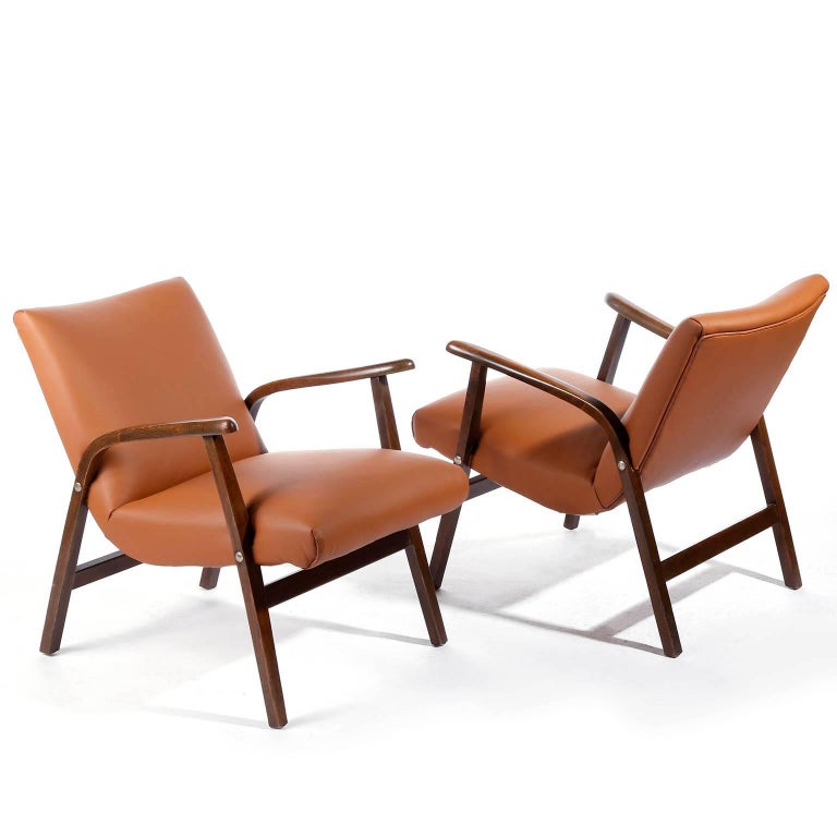 Austrian Pair of Roland Rainer Chairs Armchairs Cafe Ritter Cognac Leather Austria, 1950s For Sale