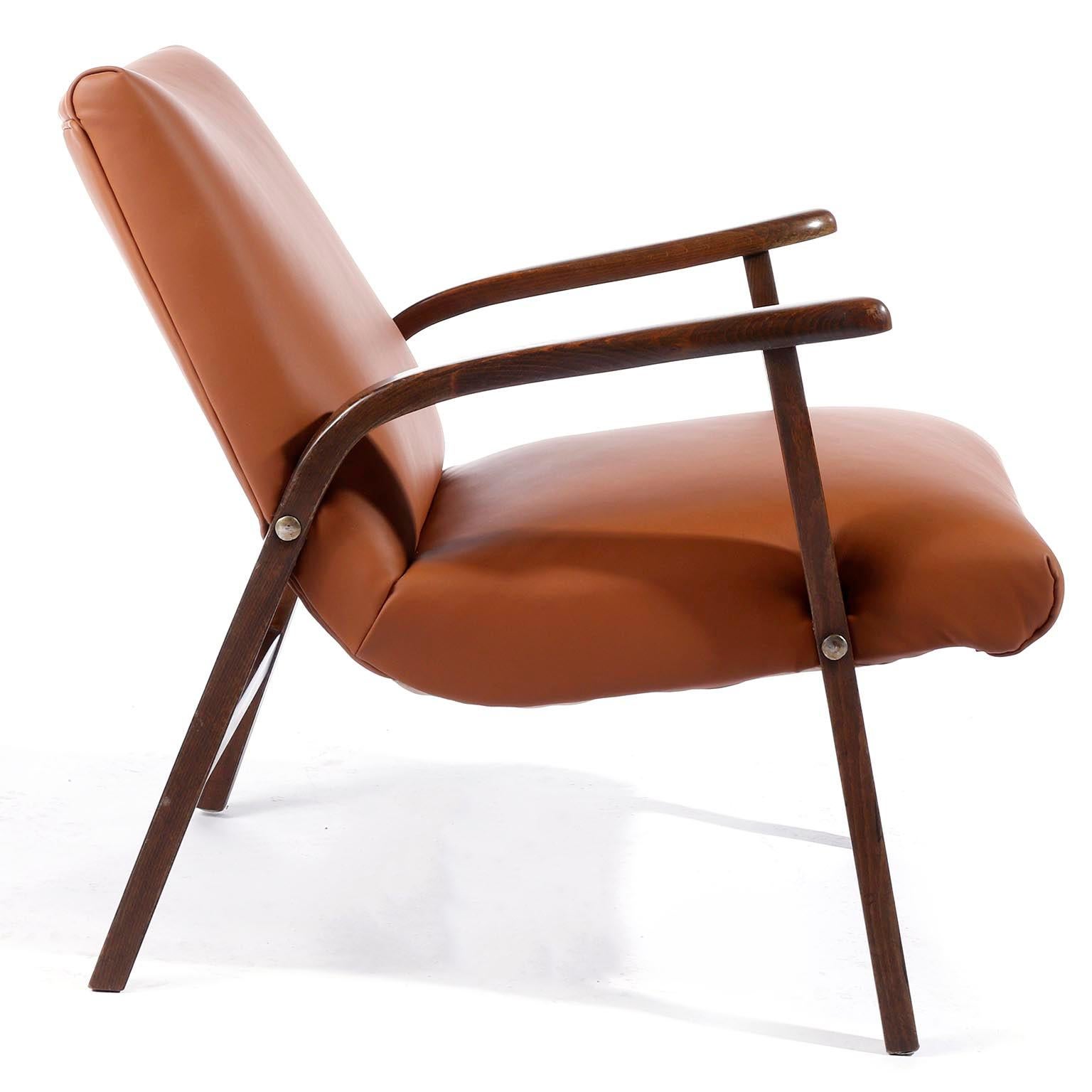 Stained Pair of Roland Rainer Chairs Armchairs Cafe Ritter Cognac Leather Austria, 1950s For Sale