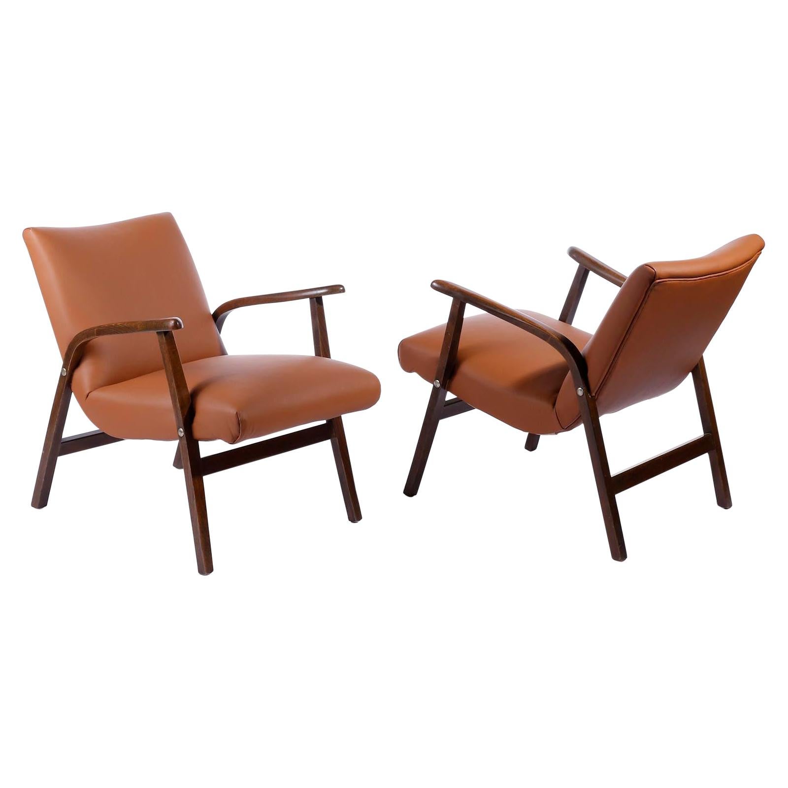 Pair of Roland Rainer Chairs Armchairs Cafe Ritter Cognac Leather Austria, 1950s