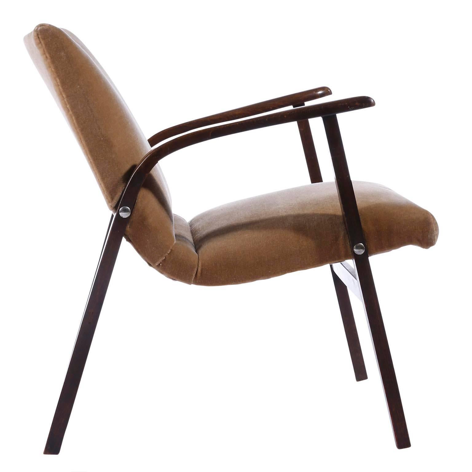 Mid-20th Century Pair of Roland Rainer Lounge Chairs Armchairs Cafe Ritter, Velvet Wood, 1950s For Sale