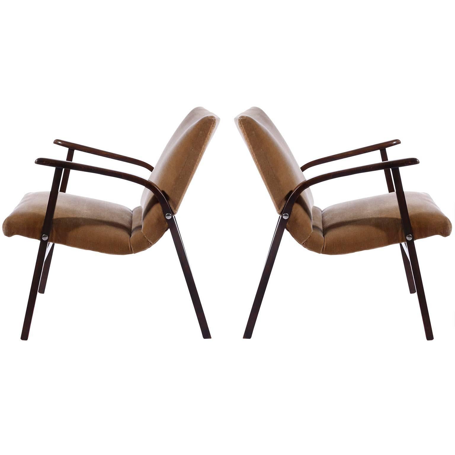 Mid-Century Modern Paire de fauteuils de salon Roland Rainer, Cafe Ritter, bois de velours, années 1950 en vente