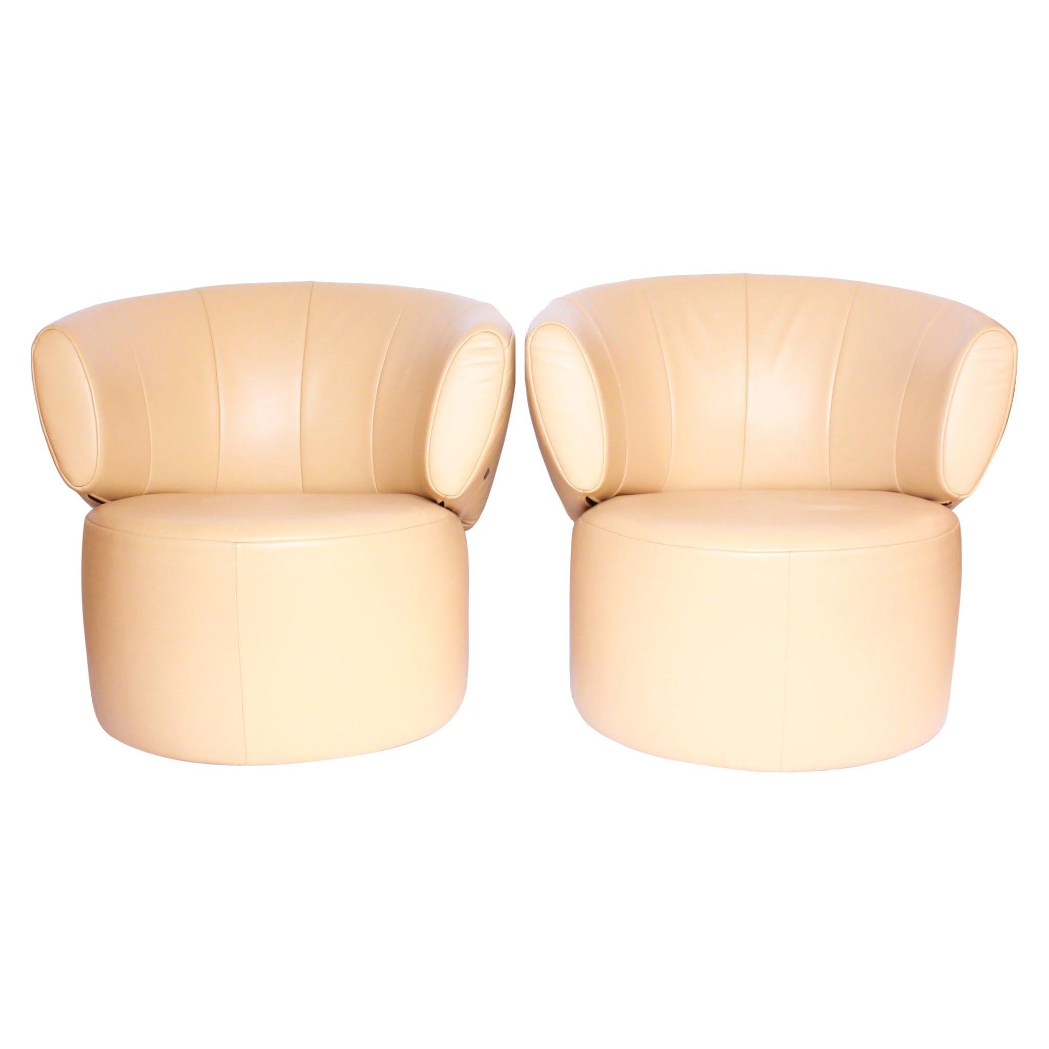 Pair of Rolf Benz 684 Armchairs Cream Leather Wooden Base Swivel Movement
