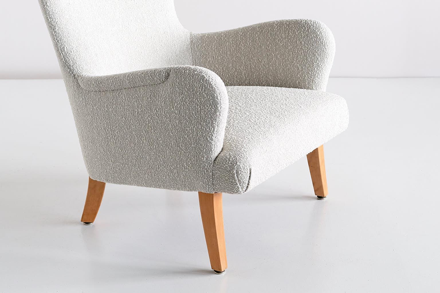 Pair of Rolf Engströmer Armchairs in Pearl Bouclé and Sycamore, Sweden, 1946 1