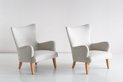 Pair of Rolf Engströmer Armchairs in Pearl Bouclé and Sycamore, Sweden, 1946