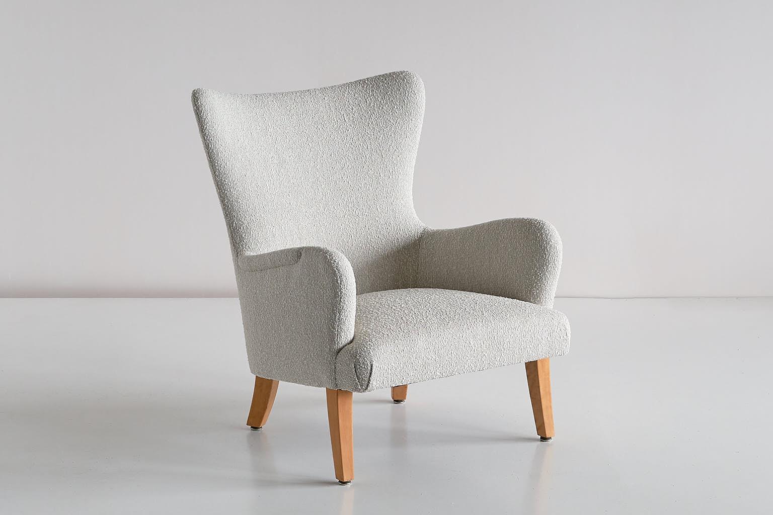 Swedish Pair of Rolf Engströmer Armchairs in Pearl Bouclé and Sycamore, Sweden, 1946