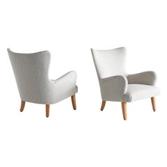 Pair of Rolf Engströmer Armchairs in Pearl Bouclé and Sycamore, Sweden, 1946