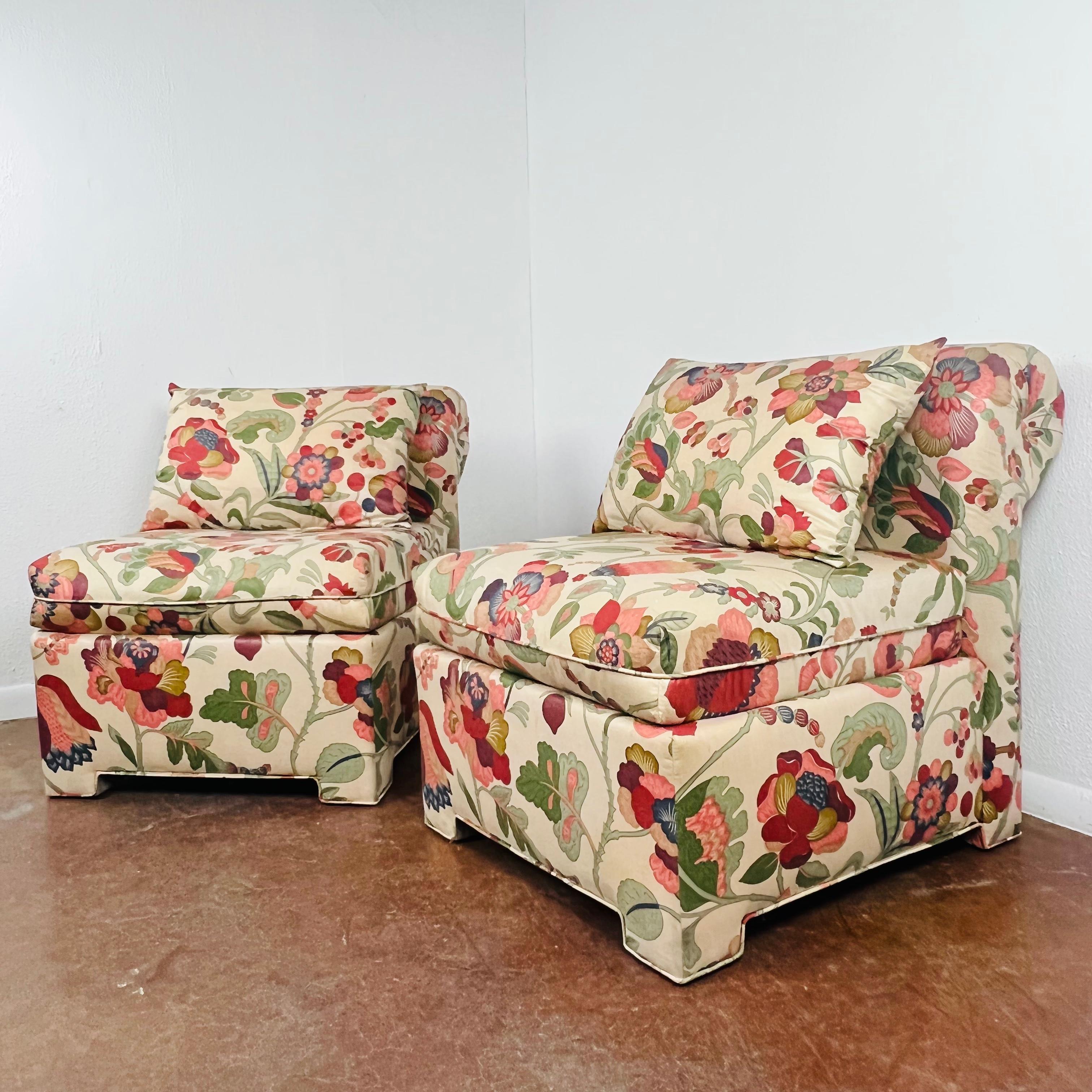 Darling pair of petite rollback slipper chairs with squared block legs in the style of Billy Baldwin. Removable seat and back cushions. Reupholstery is recommended.