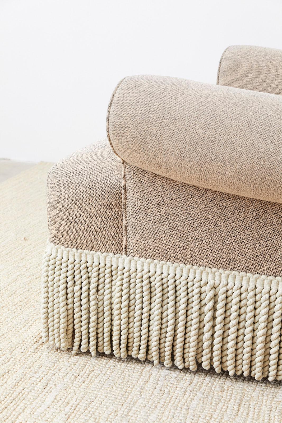Contemporary Pair of Rolled Arm Club or Armchairs with Bullion Fringe