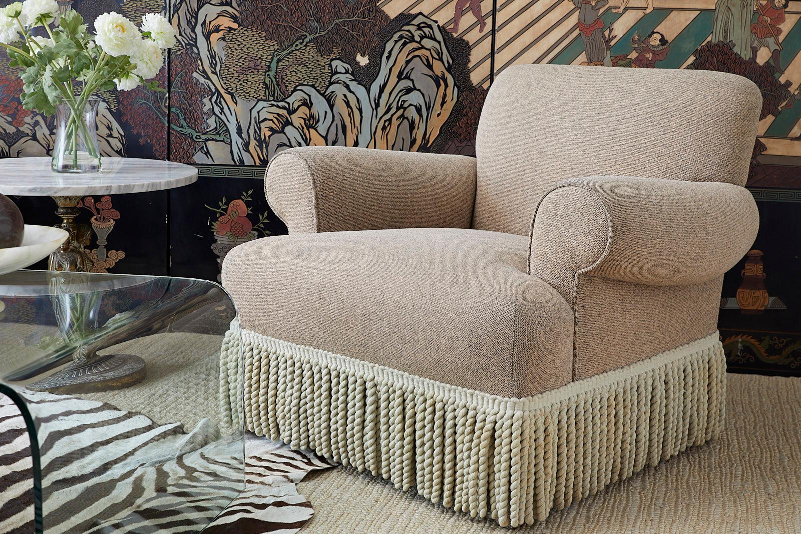 Pair of Rolled Arm Club or Armchairs with Bullion Fringe 1