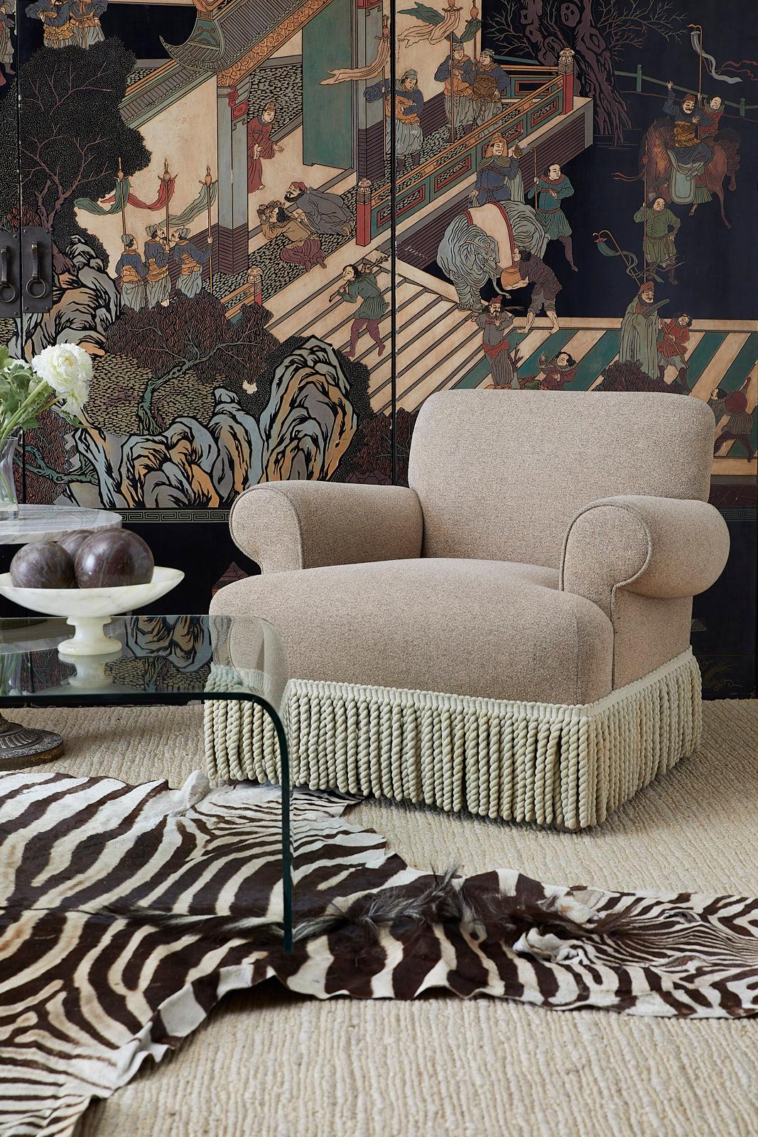 Modern Pair of Rolled Arm Club or Armchairs with Bullion Fringe