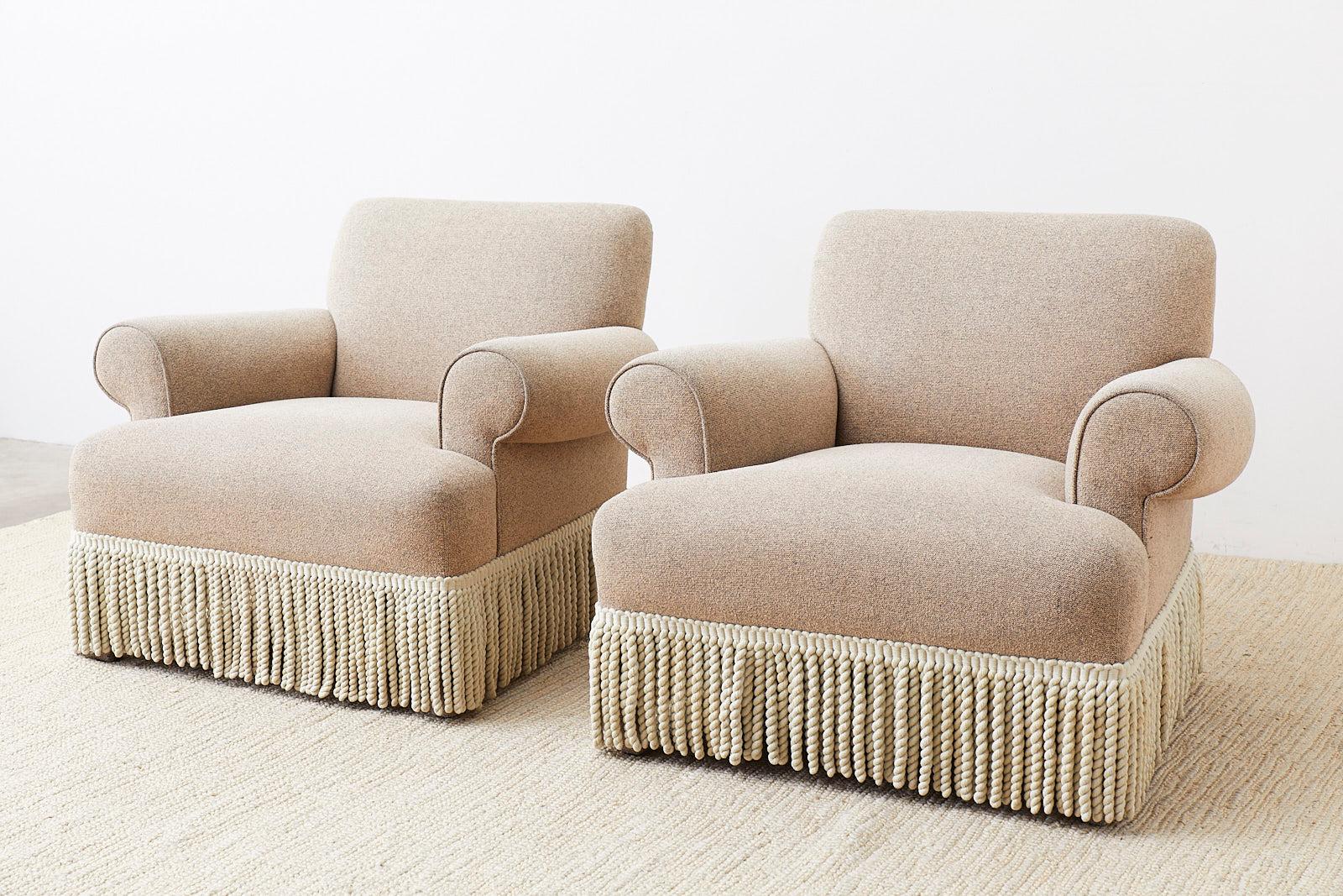 Hand-Crafted Pair of Rolled Arm Club or Armchairs with Bullion Fringe